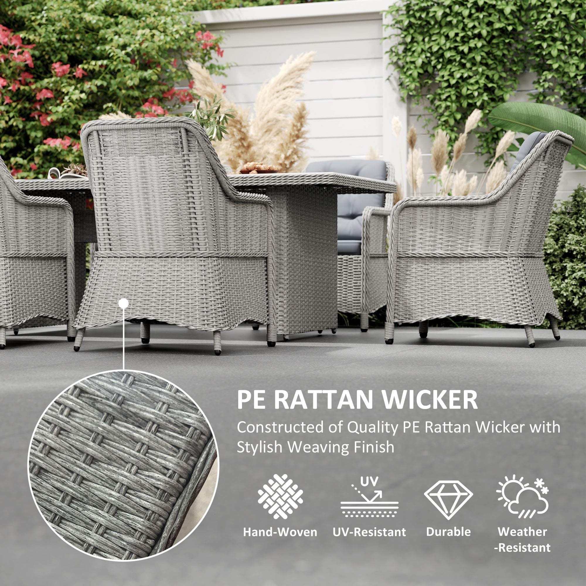 Outsunny 6 Seater Rattan Dining Set, Round PE Rattan Garden Furniture Set with Seat and Back Cushions, Aluminium Outdoor Dining Table and Chairs with 6 Armchairs, Rectangular Glass Top Table, Grey - North Peak Garden Furniture