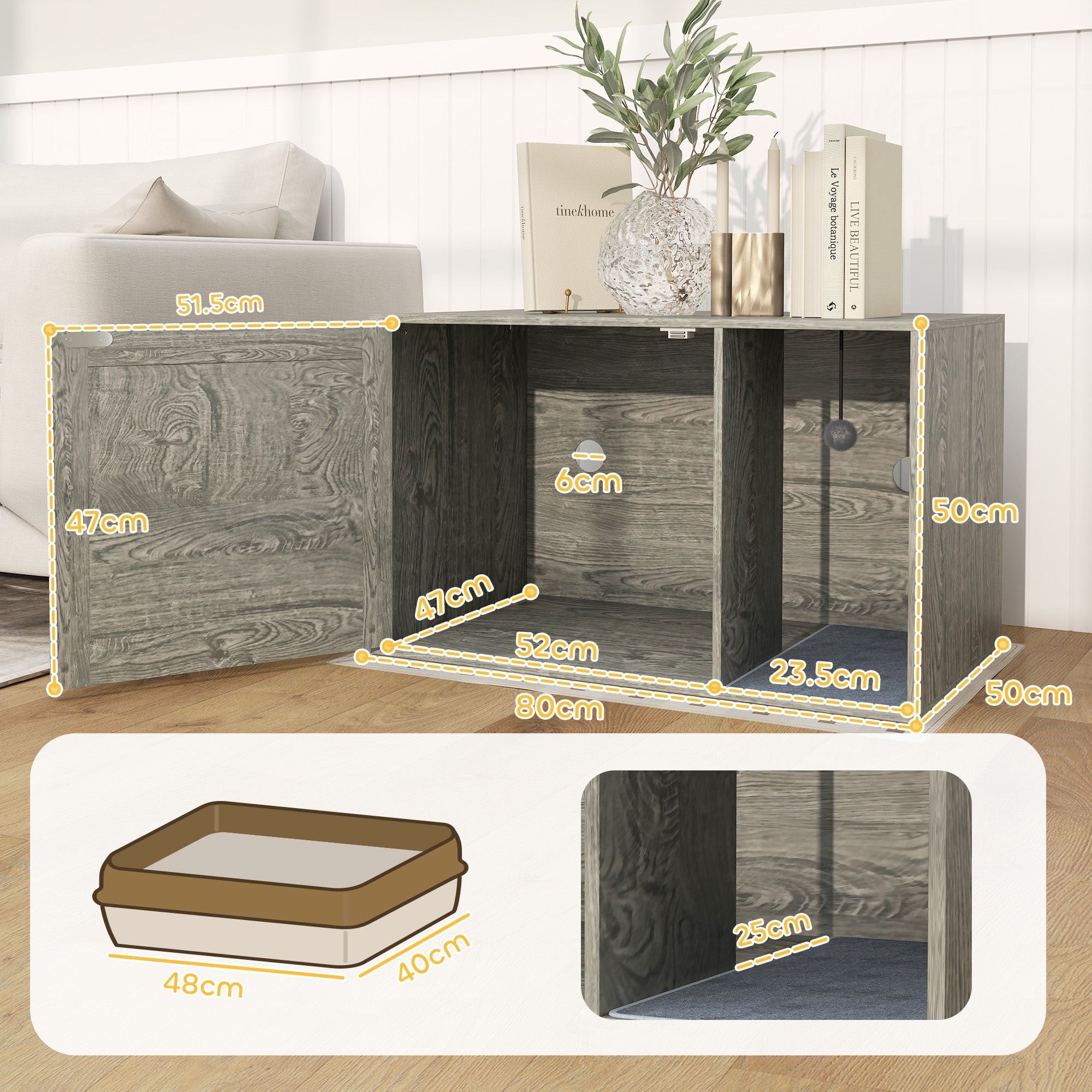 PawHut Boho Style Cat Litter Box Enclosure with Rattan Door, Scratching Mat, Toy Ball, Non-slip Foot Pads, 80 x 50 x 50cm, Grey - North Peak Garden Furniture