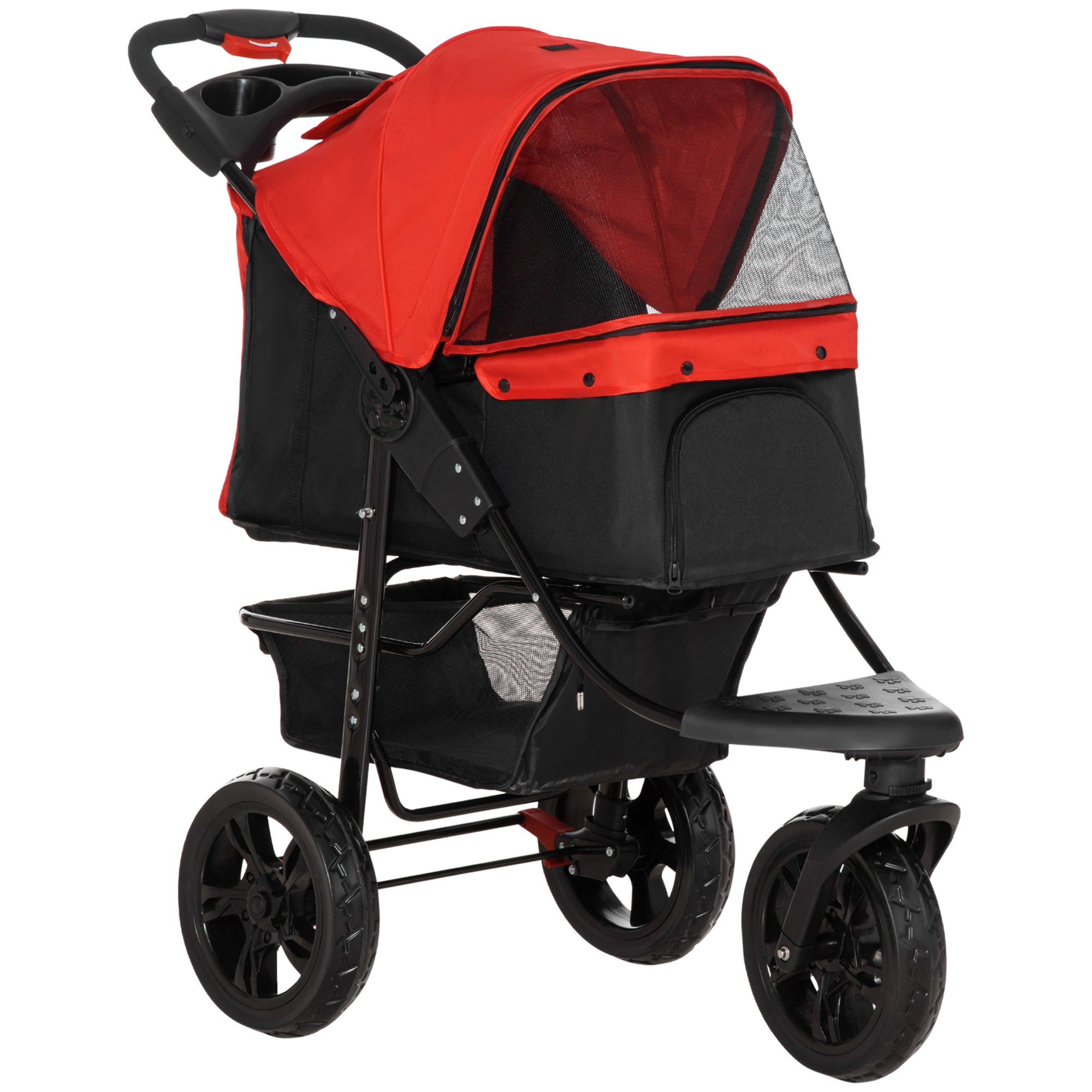 PawHut Dog Pram Dog Stroller Pet Stroller, 3 Wheels Dog Pushchair with Brake, for Small Miniature Dogs, Cats, Red - North Peak Garden Furniture