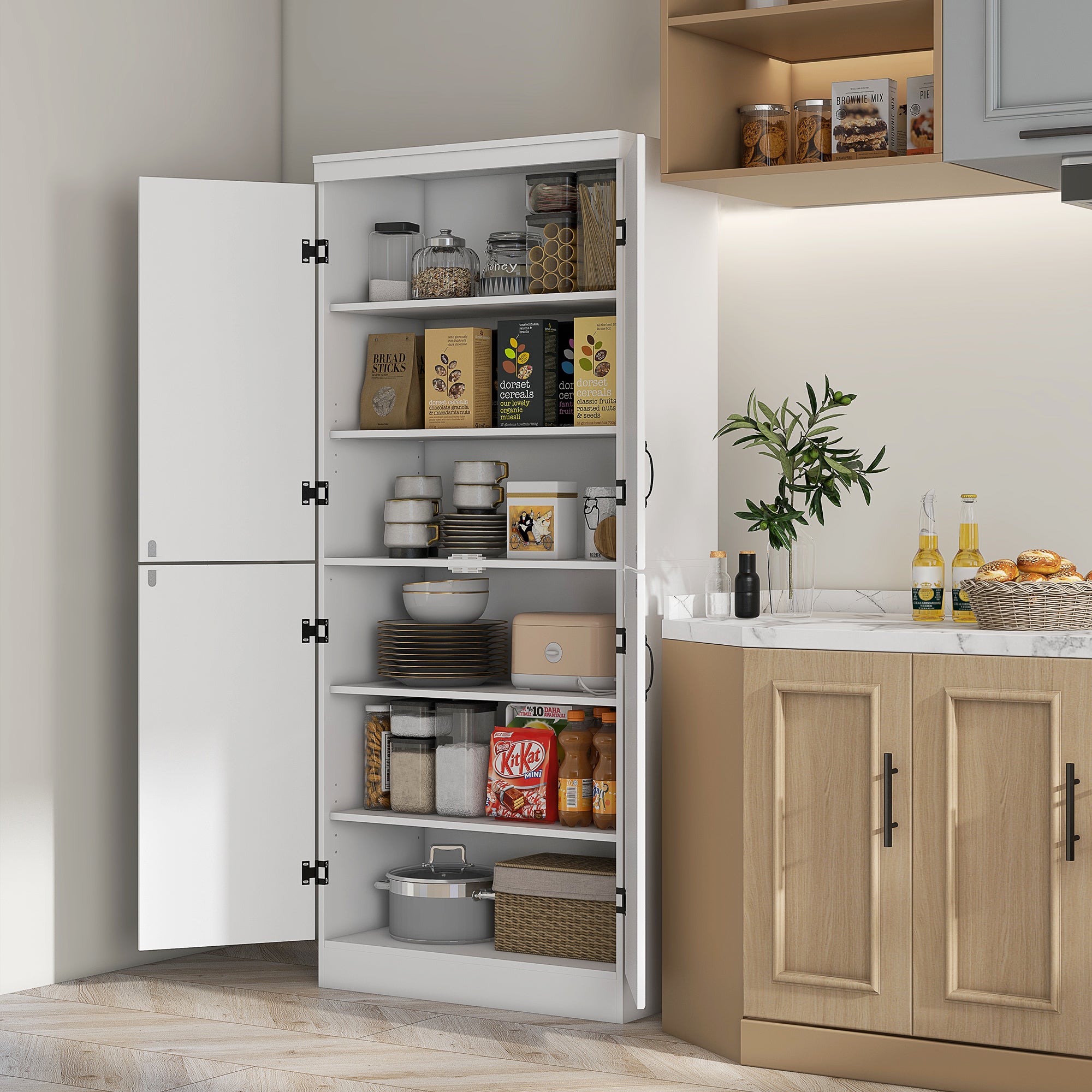 HOMCOM 4-Door Tall Kitchen Cupboard, Freestanding 6-Tier Storage Cabinet with 2 Adjustable Shelves for Living Room, Dining Room, White - North Peak Garden Furniture