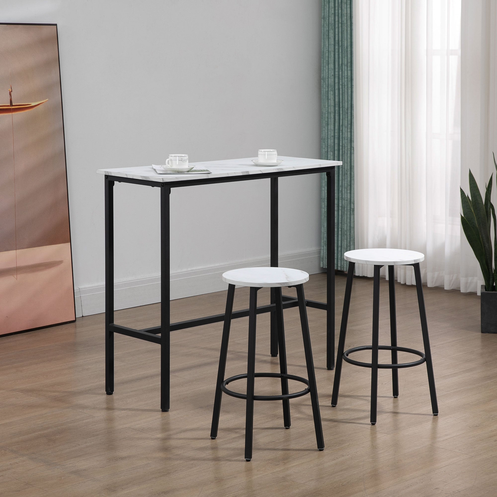 HOMCOM Three-Piece Marble-Effect Bar Table Set - White/Black - North Peak Garden Furniture
