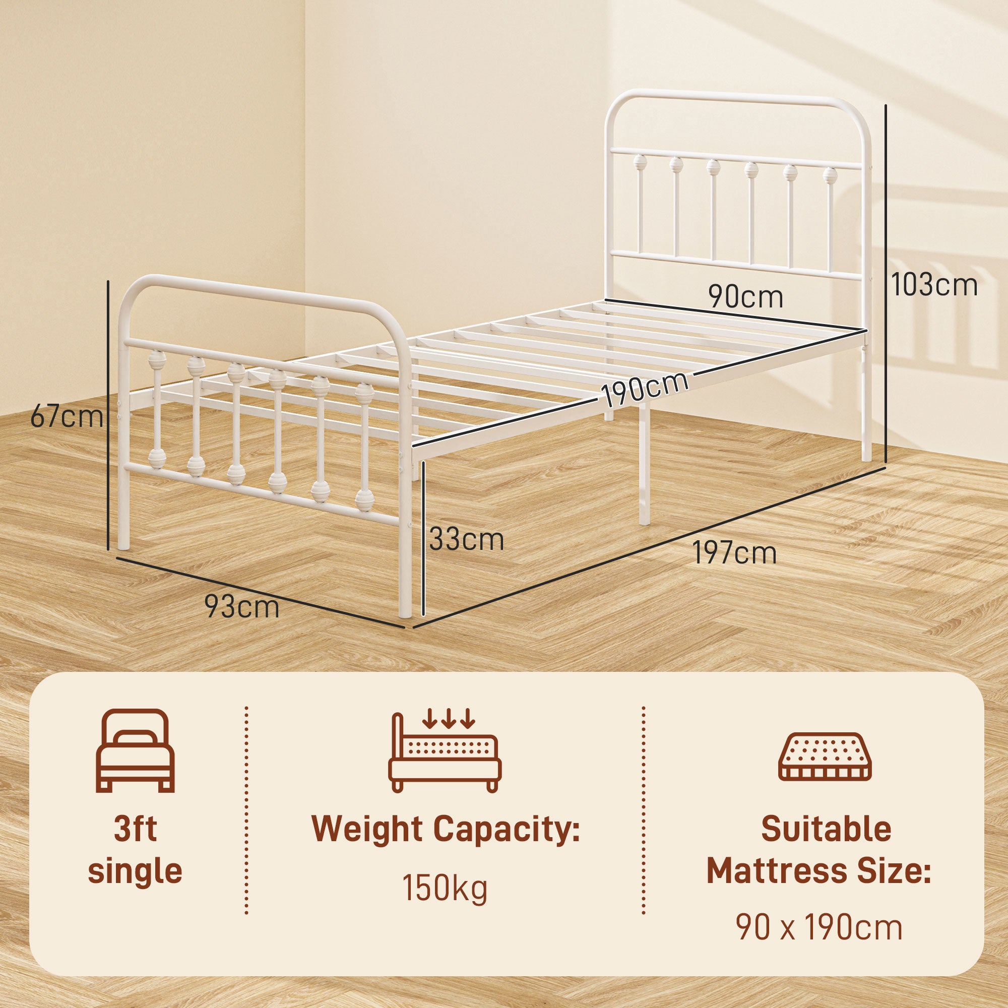 HOMCOM Single Minimalistic Metal Bed Frame - White - North Peak Garden Furniture