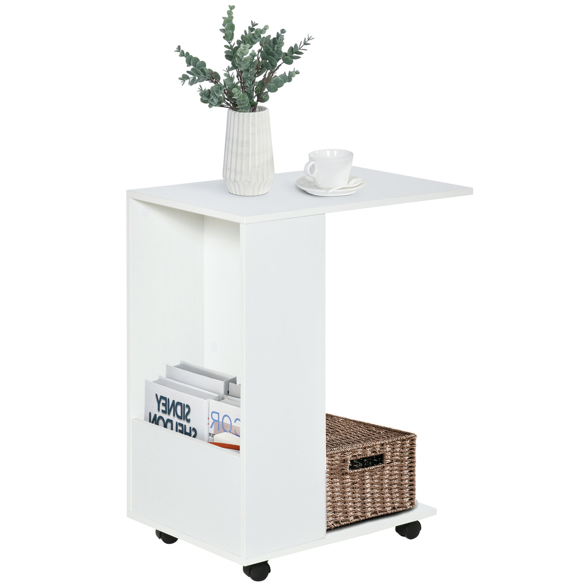 HOMCOM Mobile Sofa Side Table C-Shape End Table with Storage and Casters for Laptop Coffee Snack, White - North Peak Garden Furniture