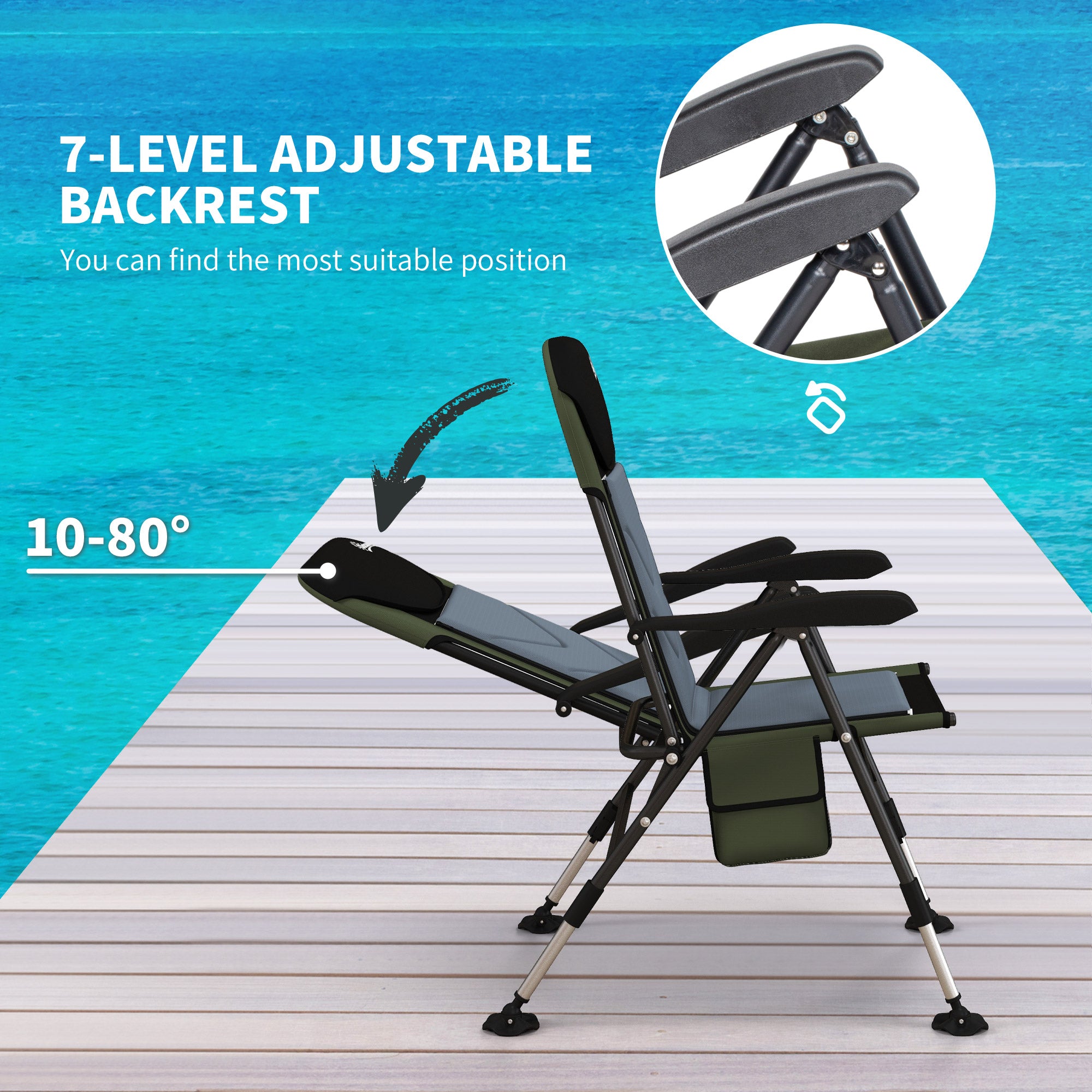Outsunny Foldable Metal Frame Fishing Chair, with Adjustable Legs - Green/Black - North Peak Garden Furniture