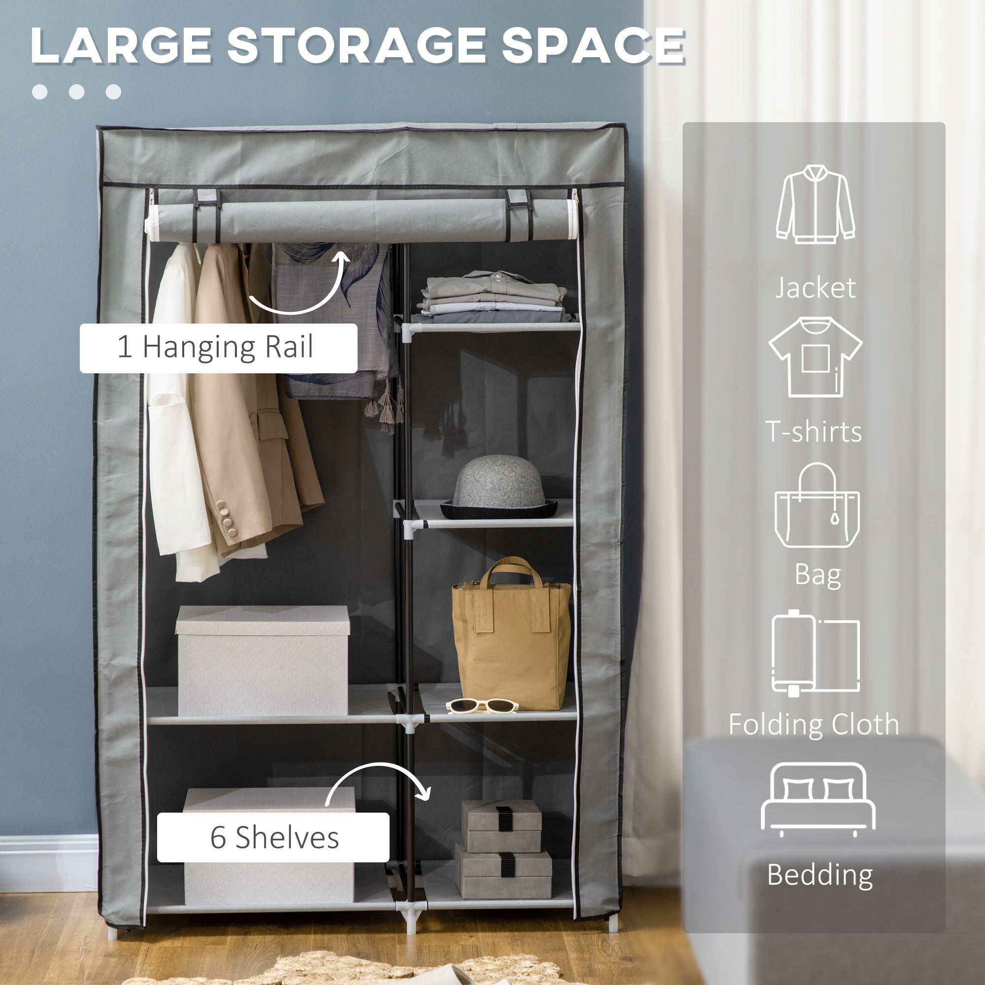 HOMCOM Fabric Wardrobe, Portable Wardrobe with 6 Shelves, 1 Hanging Rail, Foldable Closets, 103 x 43 x 162.5 cm, Light Grey