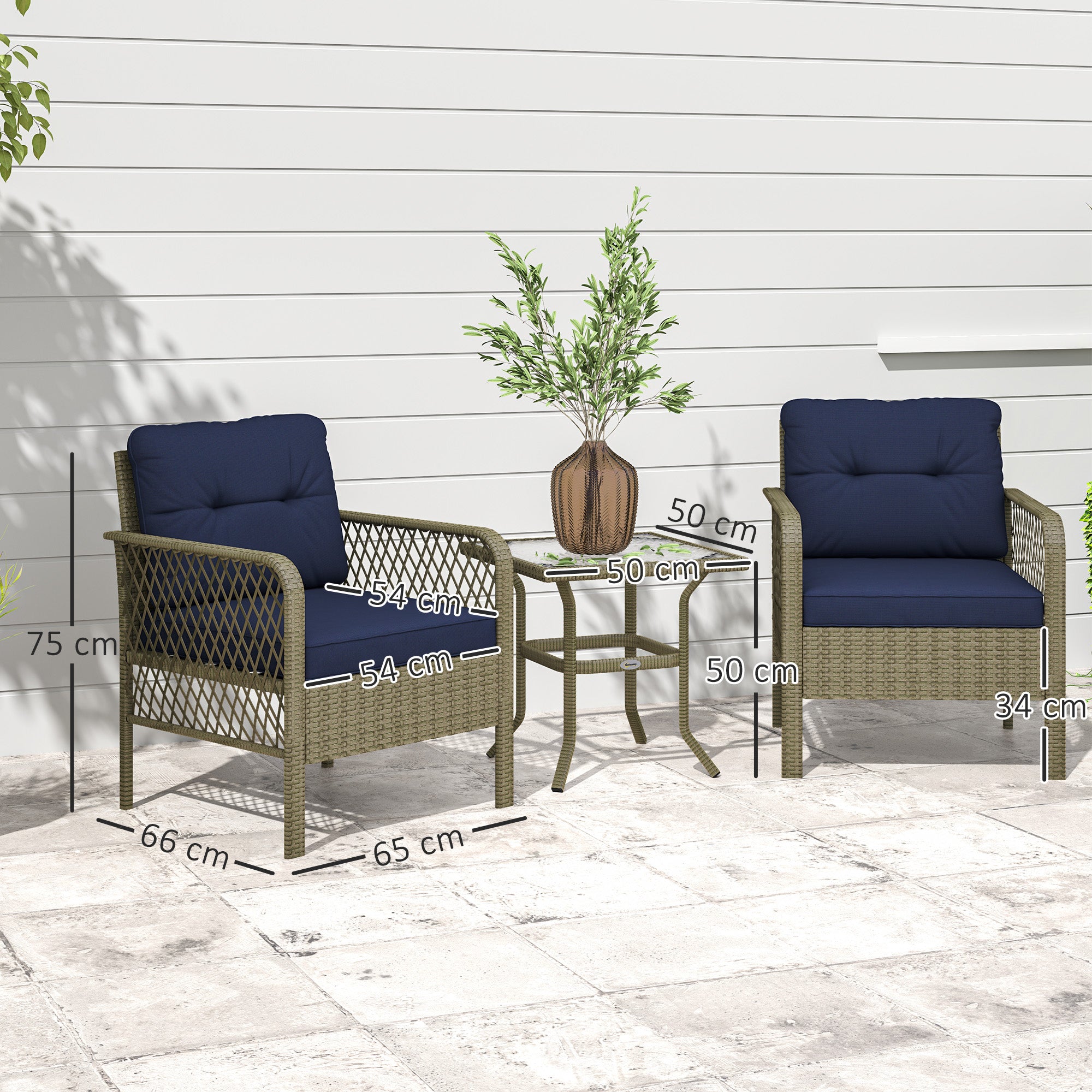 Outsunny 3 Pieces Rattan Bistro Set with Glass Top Coffee Table, Chairs and Cushions for Outdoor, Patio, Balcony, Charcoal Grey - North Peak Garden Furniture