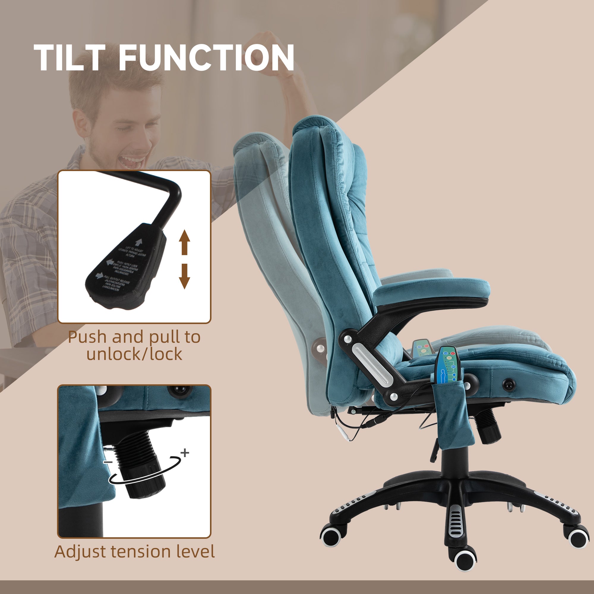 Vinsetto Massage Recliner Chair Heated Office Chair with Six Massage Points Velvet-Feel Fabric 360° Swivel Wheels Blue - North Peak Garden Furniture