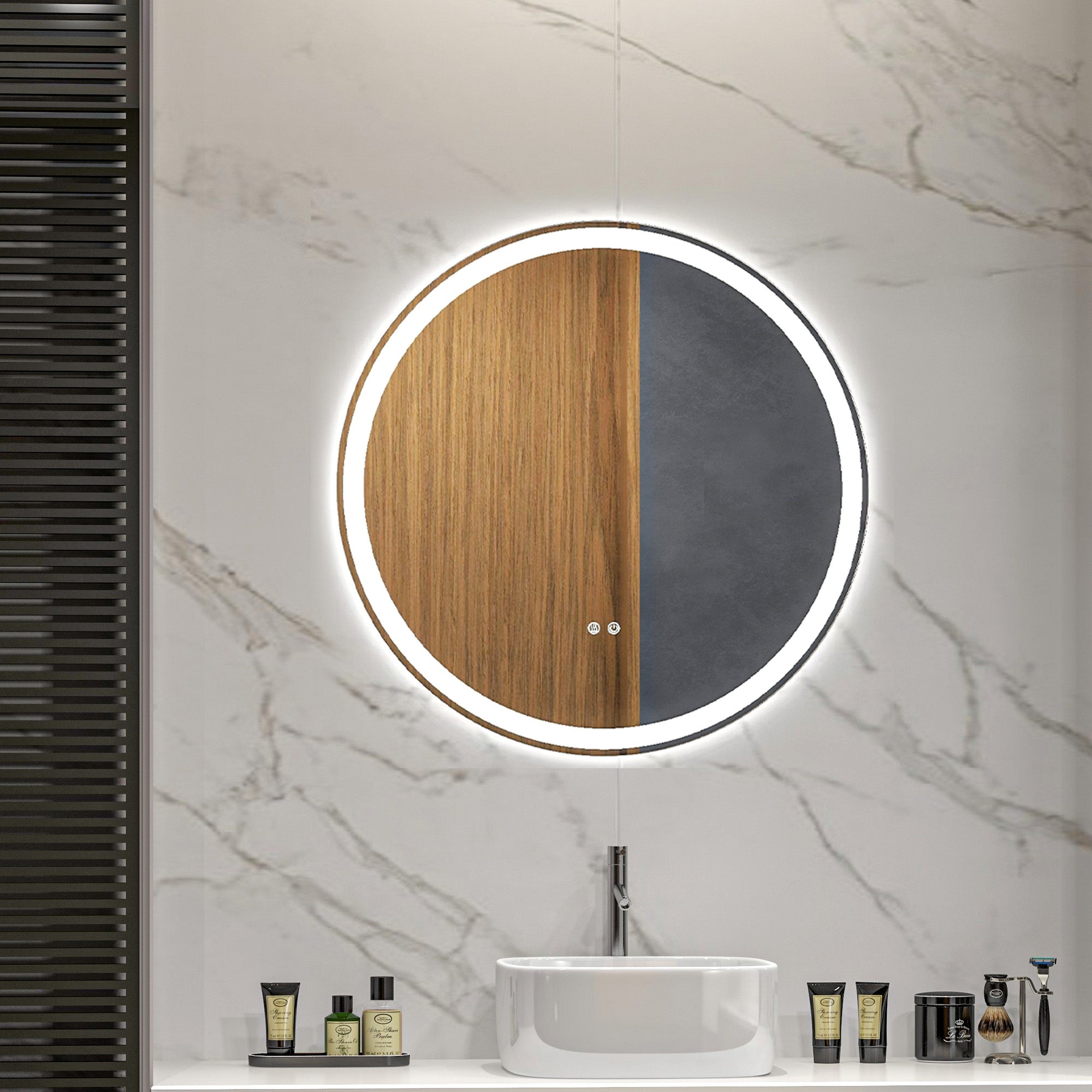 kleankin Round Bathroom Mirror with LED Lights, Wall Mount Dimmable Makeup Mirror with 3 Temperature Colours, Defogging Film and Memory Function, Frameless, Hardwired, 60 x 60 cm - North Peak Garden Furniture