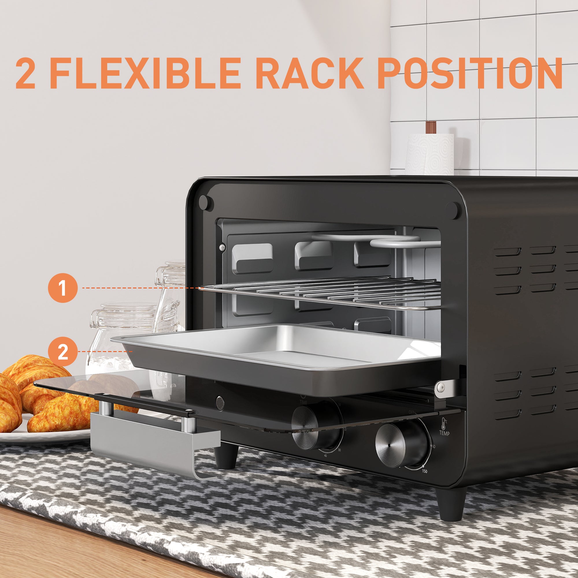 HOMCOM Small Toaster Oven, 12L Multifunction Mini Countertop Oven with Glass Door, Adjustable Temperature and Timer, Black