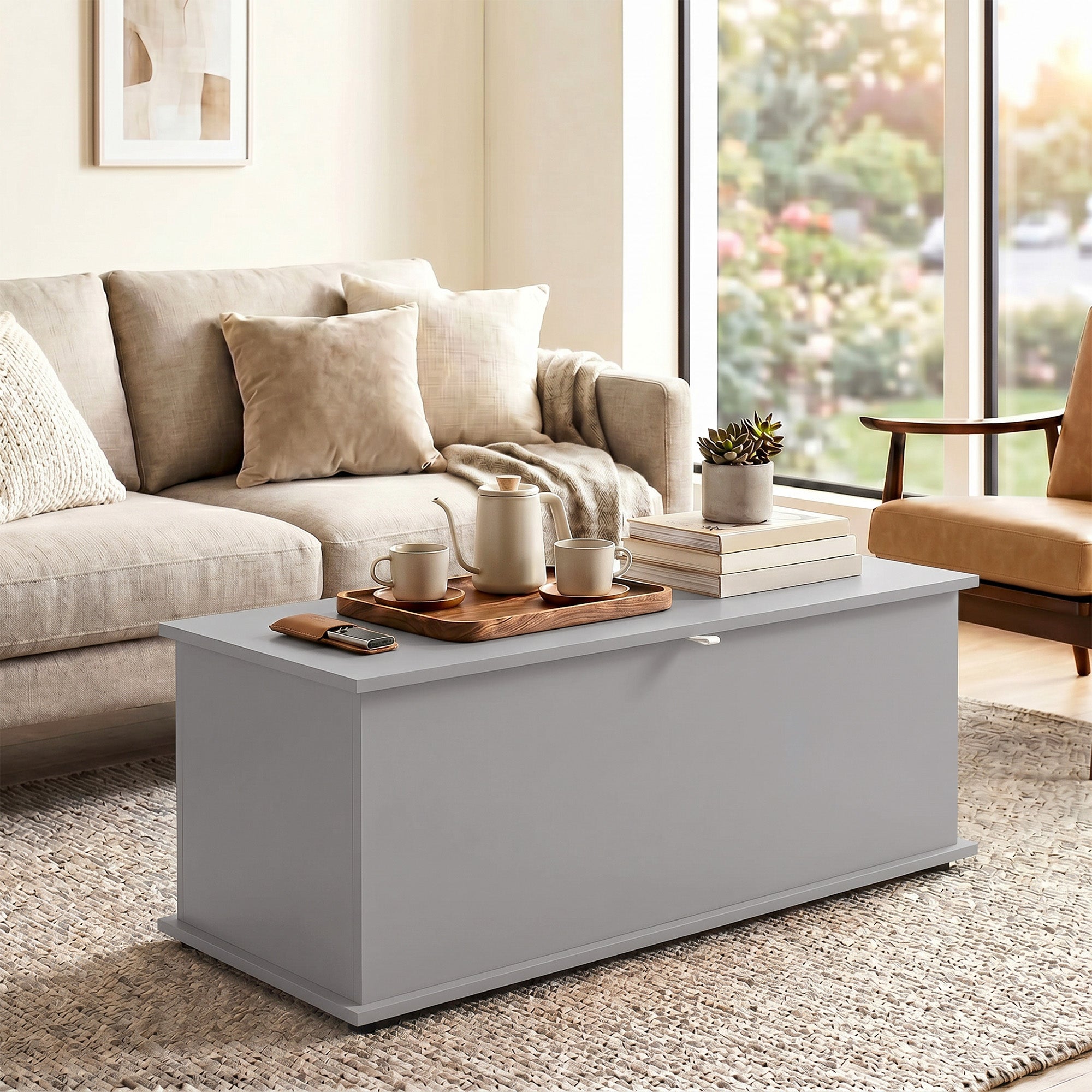 HOMCOM 113L Storage Chest, Storage Box with Flip-Top Lid and 2 Safety Hinges, Storage Trunk for Living Room, Entryway, 100 x 40 x 40 cm, Grey