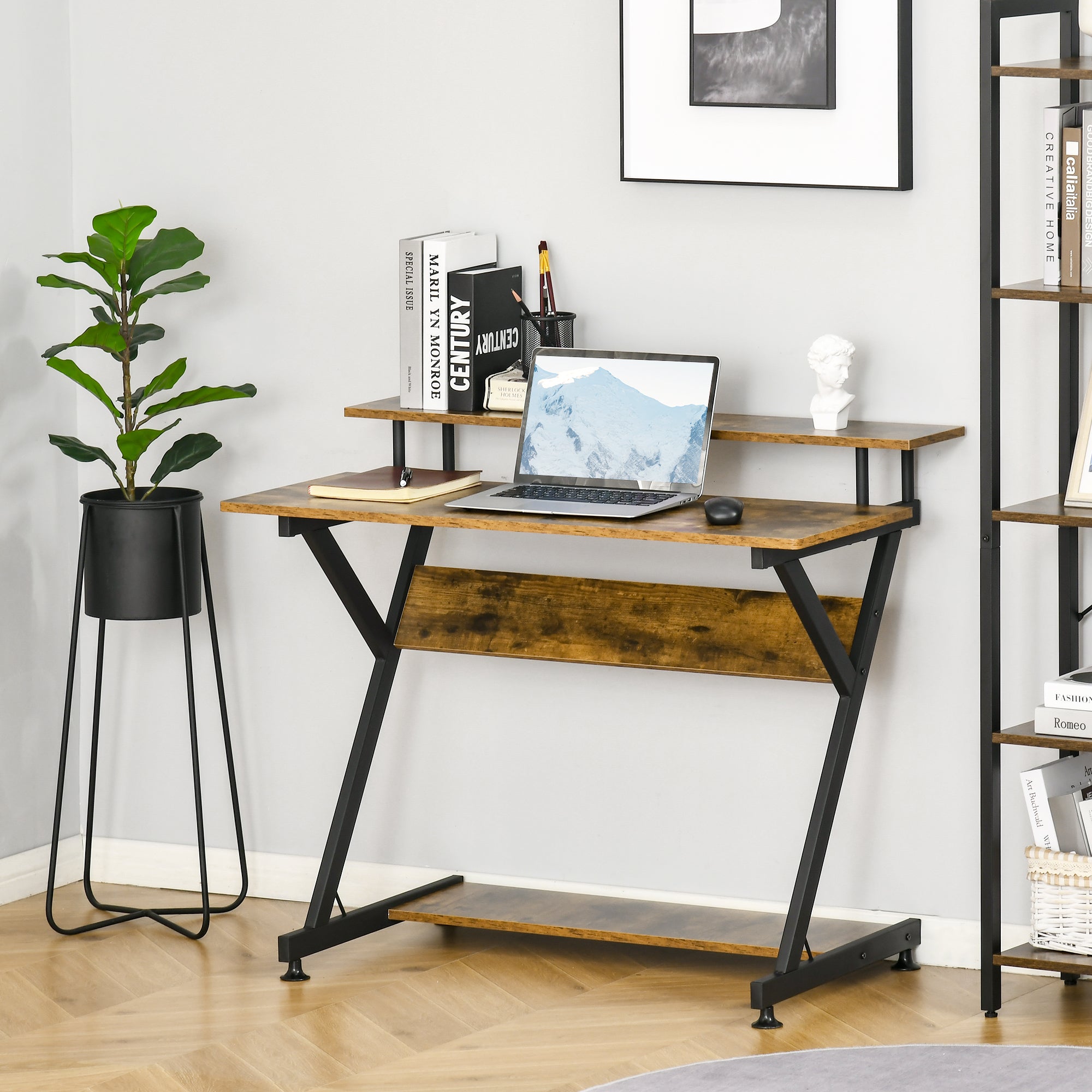 HOMCOM Industrial Computer Desk with Monitor Stand, 100 x 60cm Compact Desk for Small Spaces, Home Office Desk, Rustic Brown - North Peak Garden Furniture