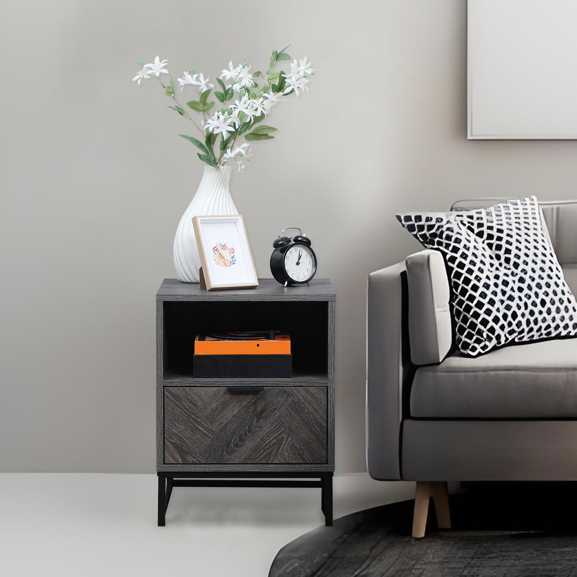 HOMCOM Bedside Table with Drawer and Shelf, Side End Table with Steel Legs for Living Room, Bedroom, Dark Grey - North Peak Garden Furniture