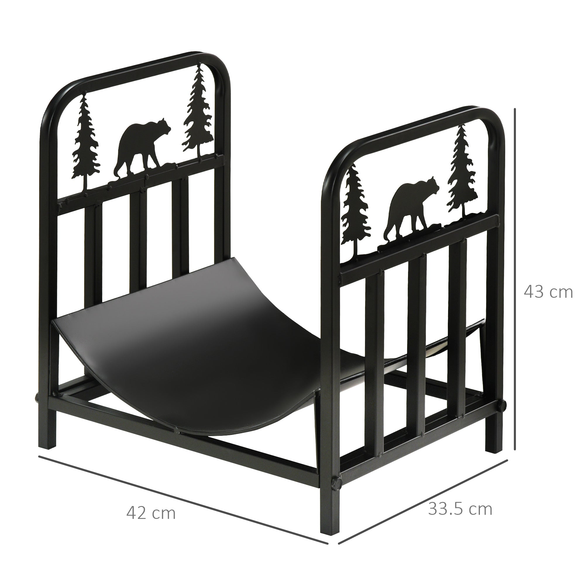 Outsunny Metal Firewood Log Holder Indoor Outdoor Firewood Rack Inner Arced Fireplace Wood Storage Shelf w/ Bear Shape Design, Rust-Resistant, Black, 42W x 33.5D x 43H cm - North Peak Garden Furniture