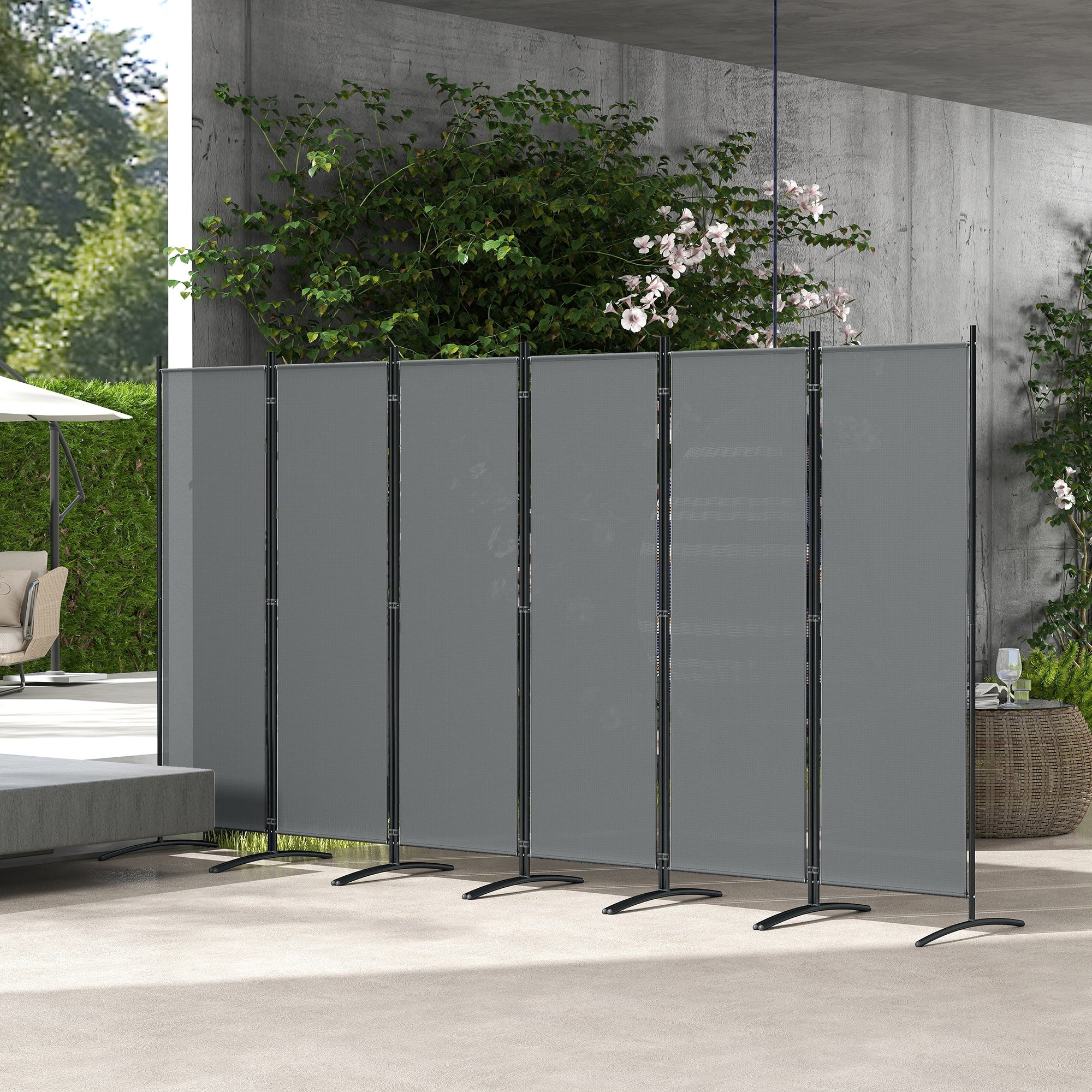 Outsunny 6 Panel Folding Room Divider, 1.7m Privacy Screen with Wide Feet, Portable Freestanding Metal Partition Separator for Office, Living Room, Bedroom, Dining Room, Dark Grey