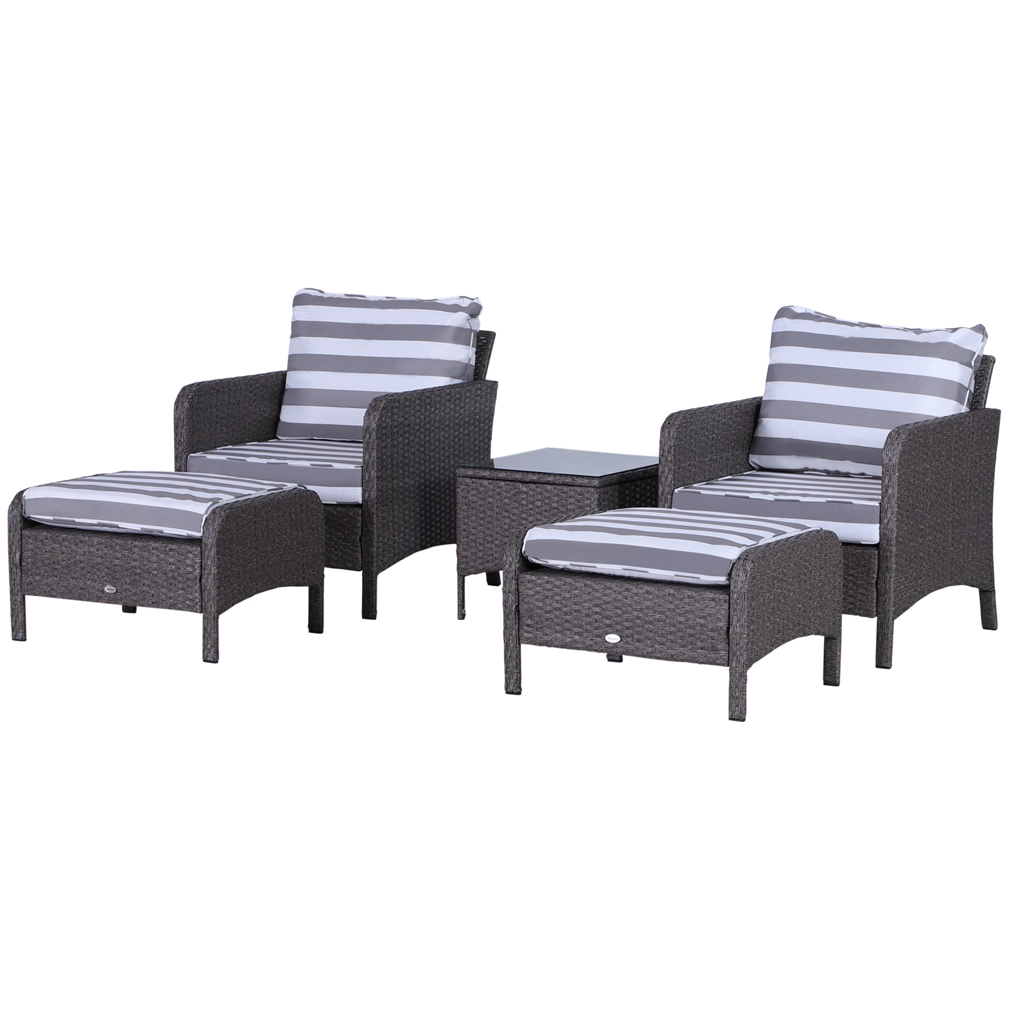 Outsunny 5 Pieces PE Rattan Garden Furniture Set with 10cm Thick Padded Cushions, Wicker Weave Outdoor Seating Chairs with 2 Armchairs, 2 Stools, Glass Top Table, Dark Grey - North Peak Garden Furniture