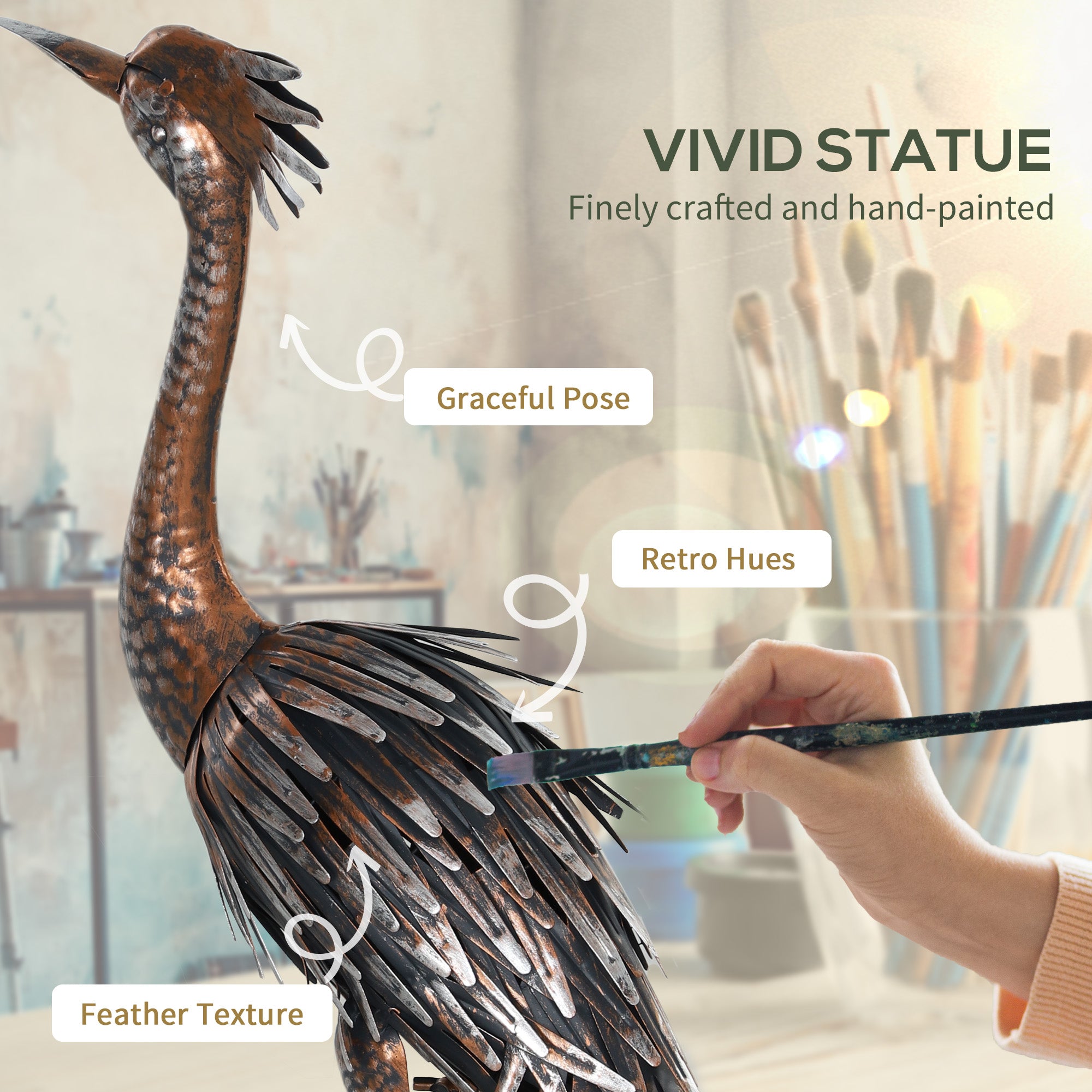 Outsunny Heron Garden Statue, Standing Garden Ornament, Metal Garden Gift with Stakes for Patio Pond Landscape Decoration, Silver Tone