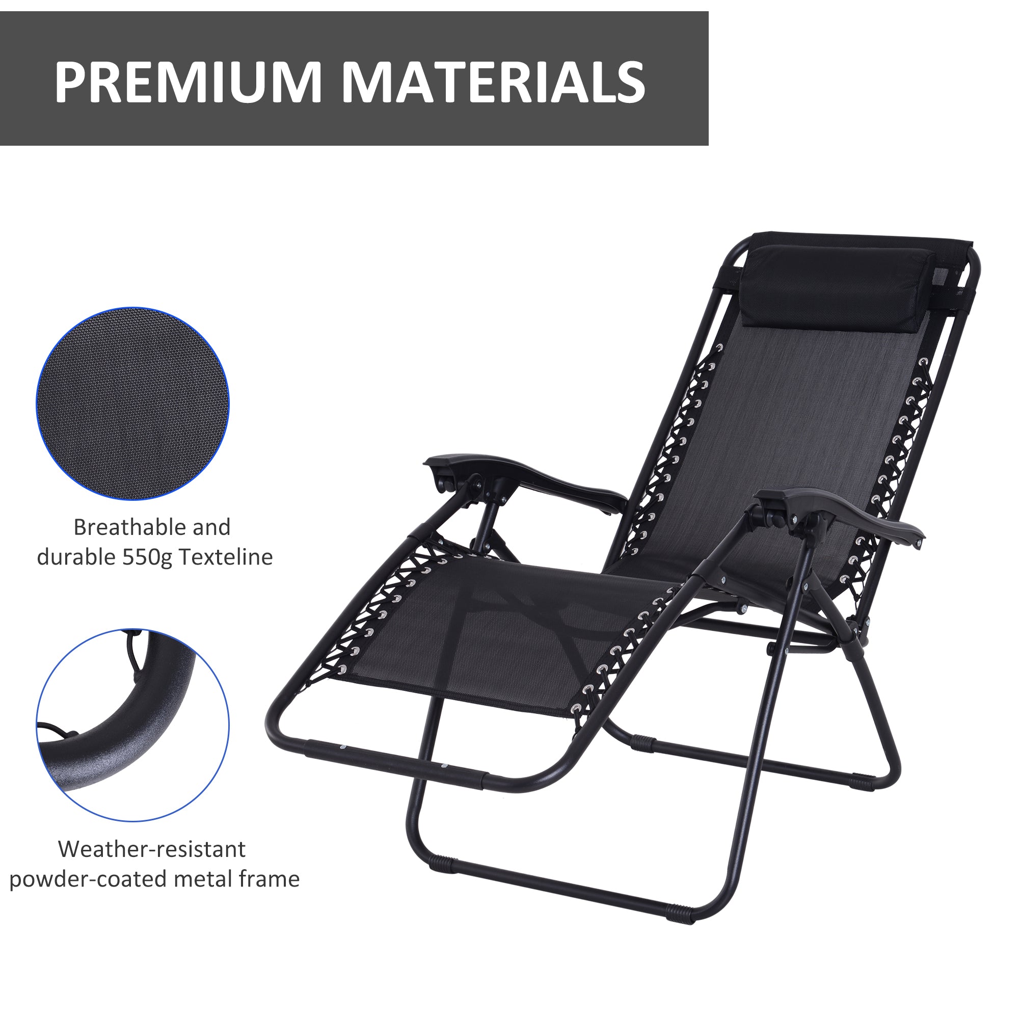 Outsunny Zero Gravity Chair Metal Frame Texteline Armchair Outdoor Folding and Reclining Sun Lounger with Head Pillow for Patio Decking Gardens Camping, Black - North Peak Garden Furniture
