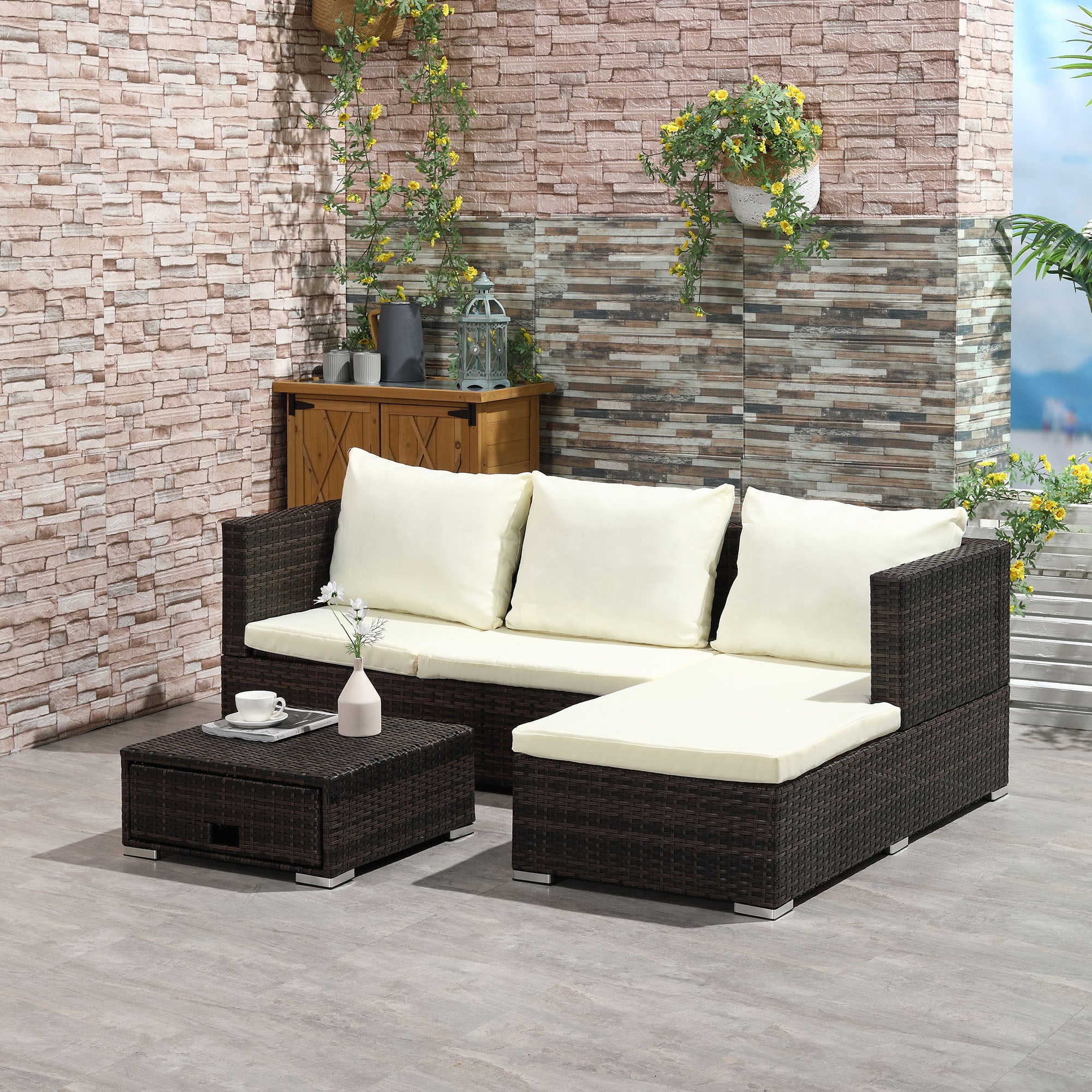 Outsunny 3PC Rattan Garden Furniture Storage Sofa Set 4 Seater Wicker Coffee Table Conservatory Sun Lounger Reclining Set Outdoor Weave with Cushion Brown - North Peak Garden Furniture