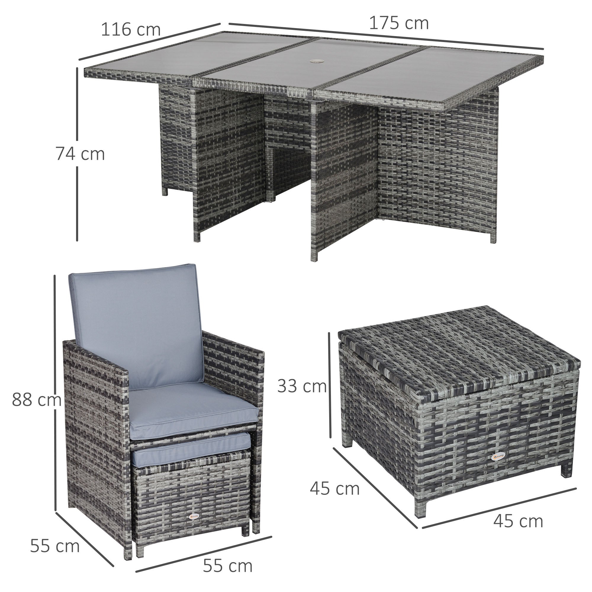 Outsunny 10 Seater Rattan Cube Garden Furniture Set with Parasol Hole, Rattan Dining Set with Cushions, Outdoor Dining Table and Chairs with Rectangular Glass Top Table for Patio, Mixed Grey - North Peak Garden Furniture