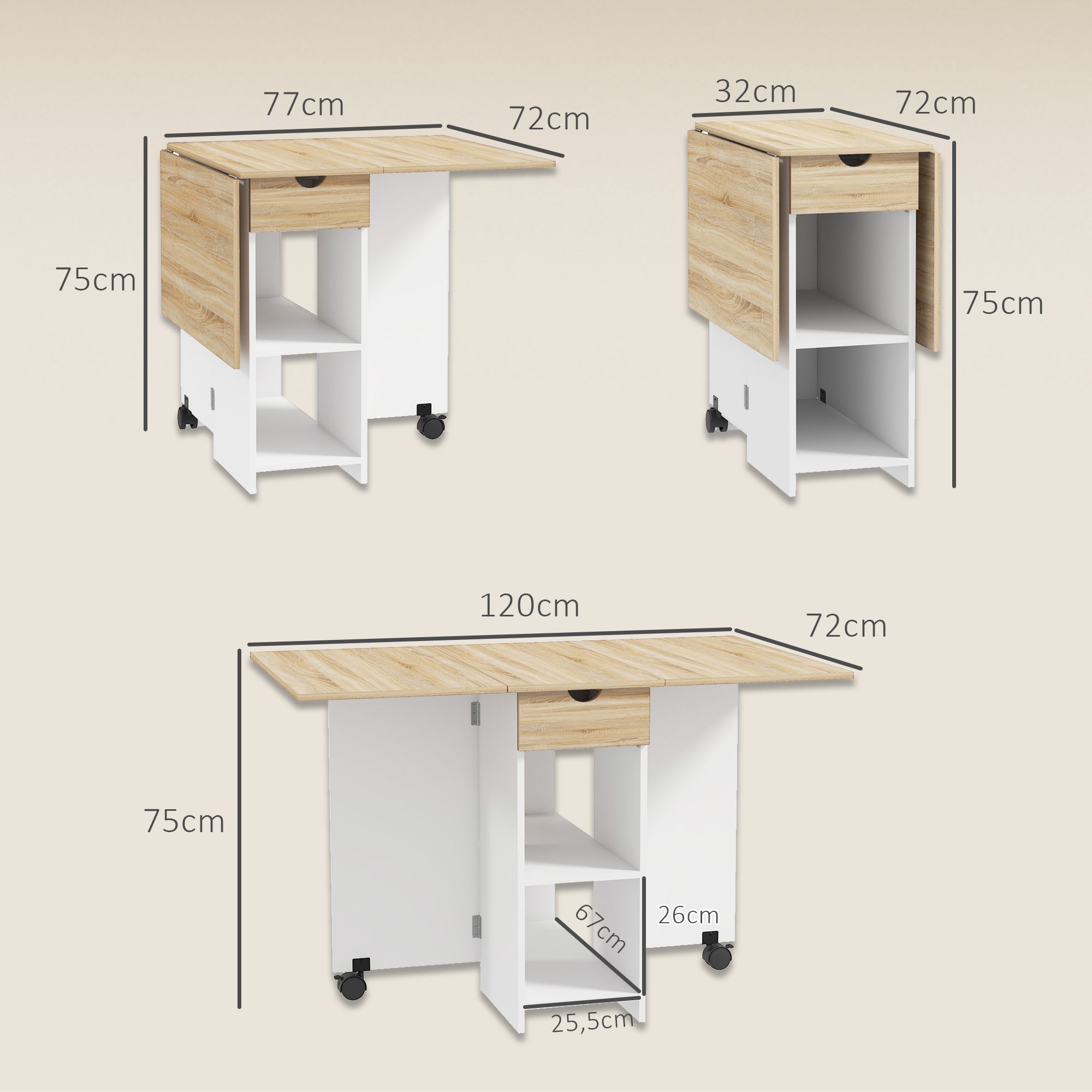 HOMCOM Folding Dining Table, Drop Leaf Table for Small Spaces, Foldable Table with Drawer and Storage Shelves for Kitchen, Dining Room, Oak