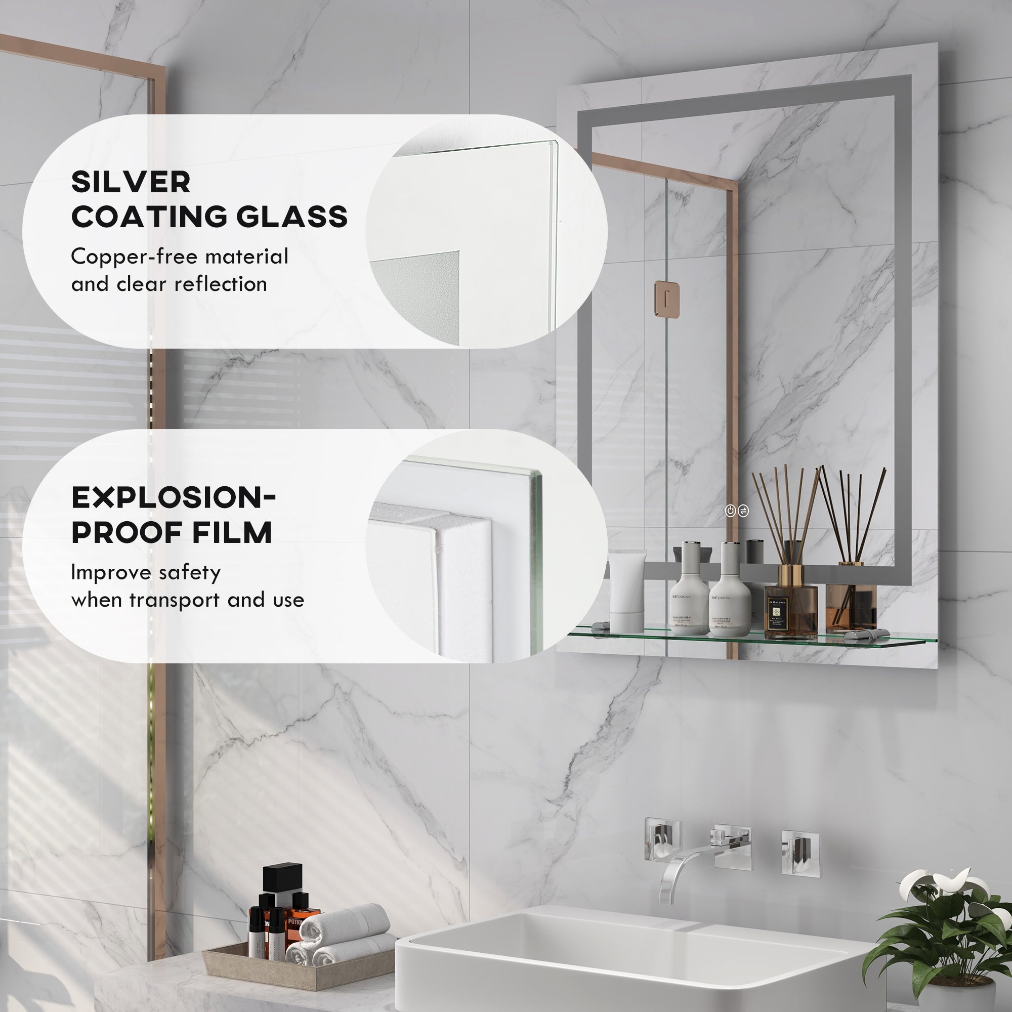 kleankin LED Bathroom Mirror with Lights and Shelf, Illuminated Makeup Mirror, Vanity Mirror with 3 Colour, Smart Touch, Anti-Fog - North Peak Garden Furniture