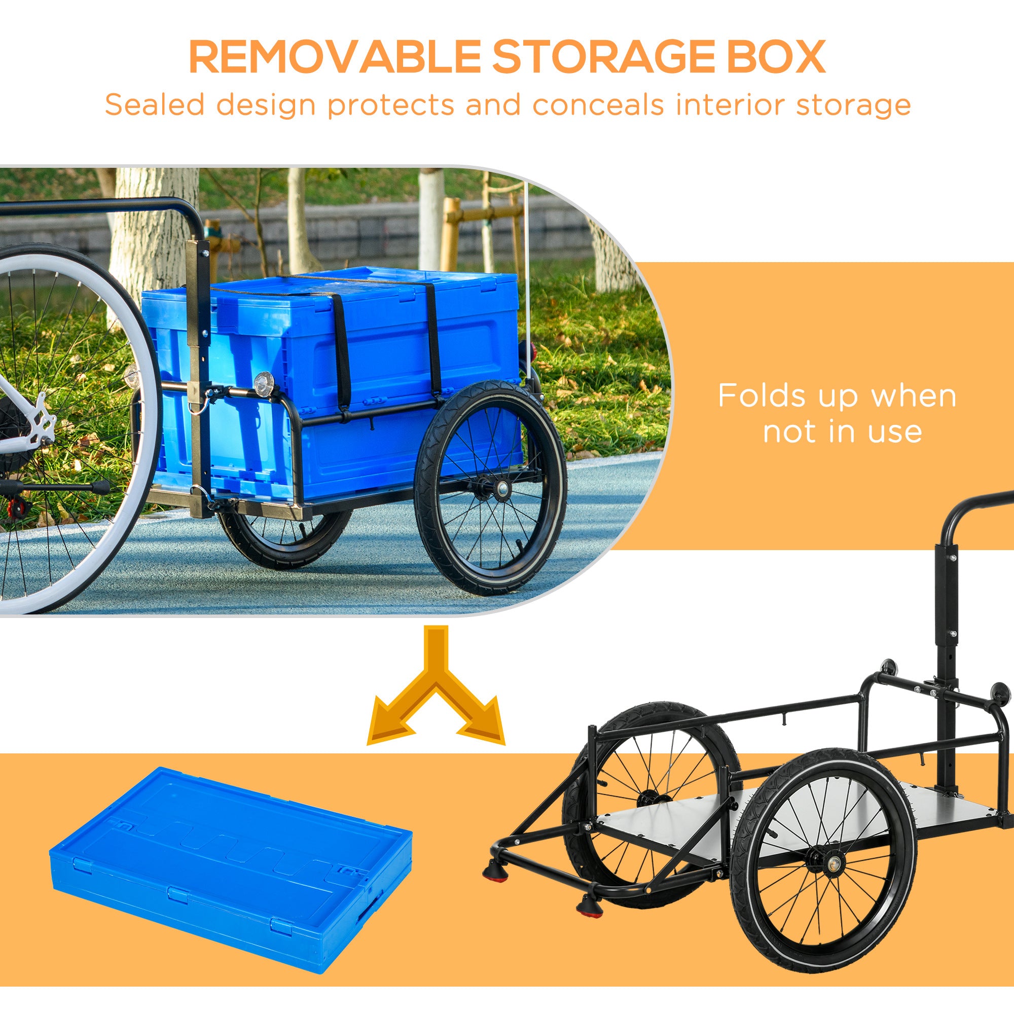 HOMCOM Steel Trailer for Bike, Bicycle Cargo Trailer with 65L Foldable Storage Box and Safe Reflectors, Max Load 40KG, Blue