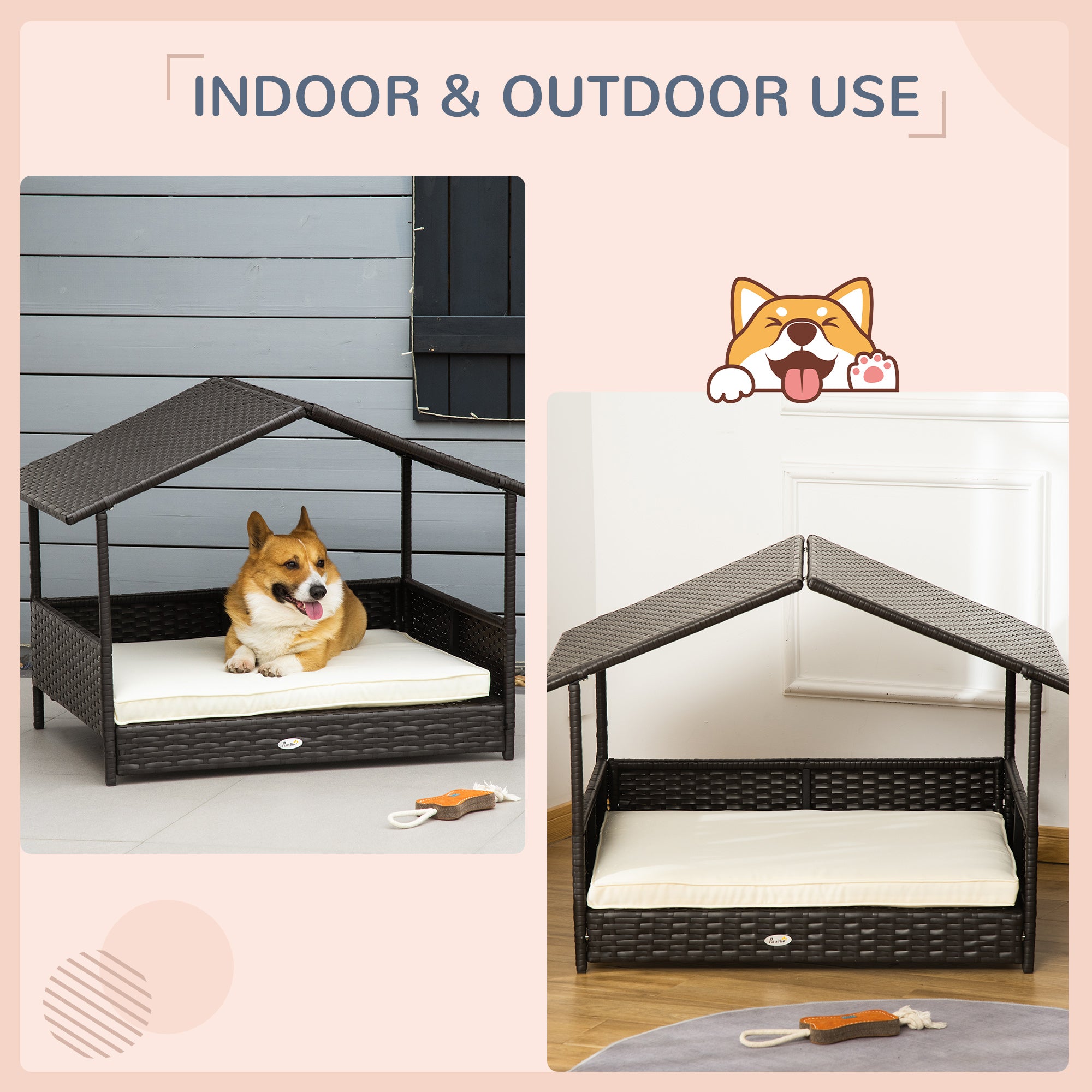 PawHut Wicker Dog House, Rattan Pet Bed, with Removable Cushion, Canopy, for Small and Medium Dogs - Cream - North Peak Garden Furniture
