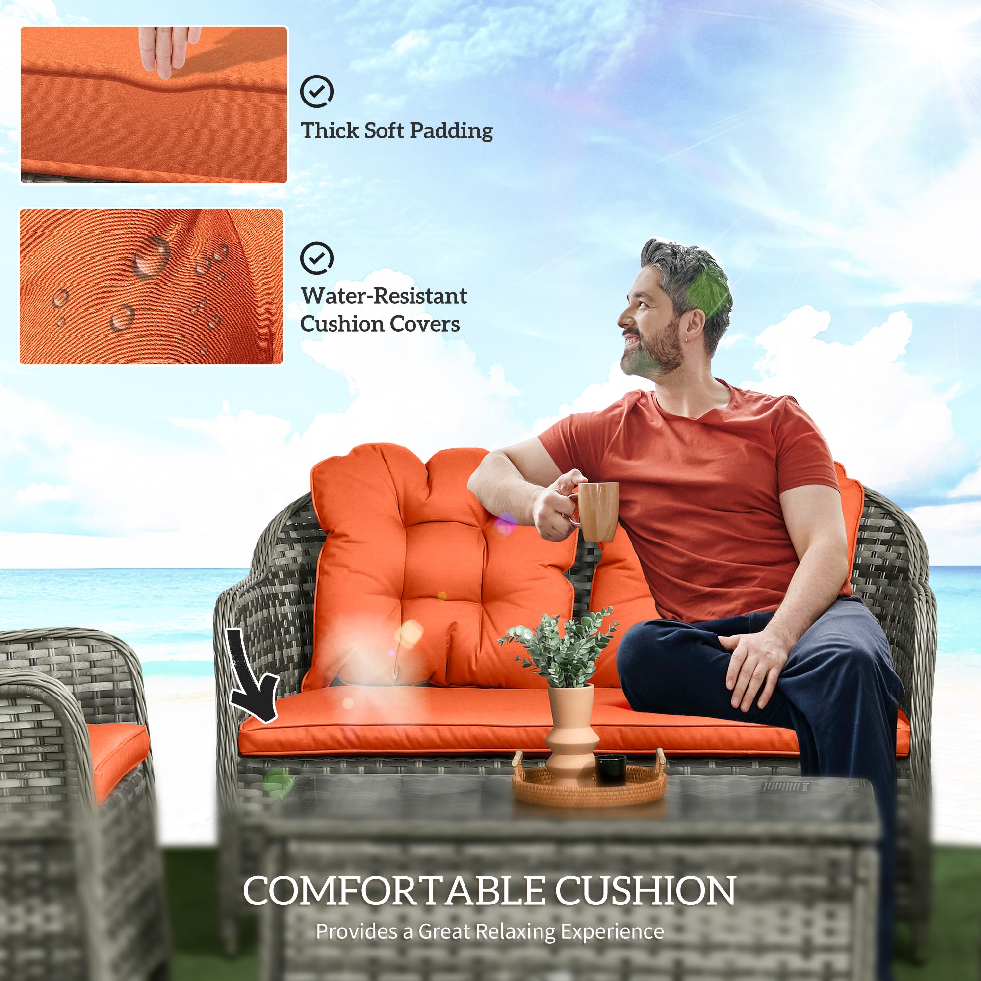 Outsunny Four-Piece Rattan Sofa Set, with Glass-Top Table - Orange - North Peak Garden Furniture