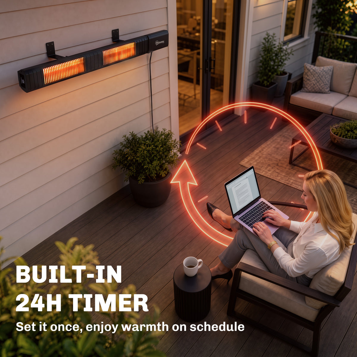 Outsunny 3000 W Electric Infrared Patio Heater, Wall Mounted IP65 Garden Heater with 9 Heat Settings, 24 H Timer, Black