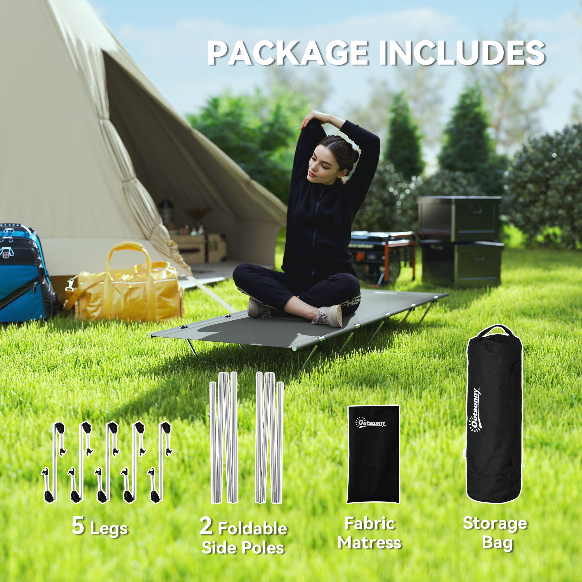 Outsunny Lightweight Camping Bed, Aluminium Portable Camp Cot w/ Strong Support 150kg and Carry Bag for Camping, Dark Grey - North Peak Garden Furniture