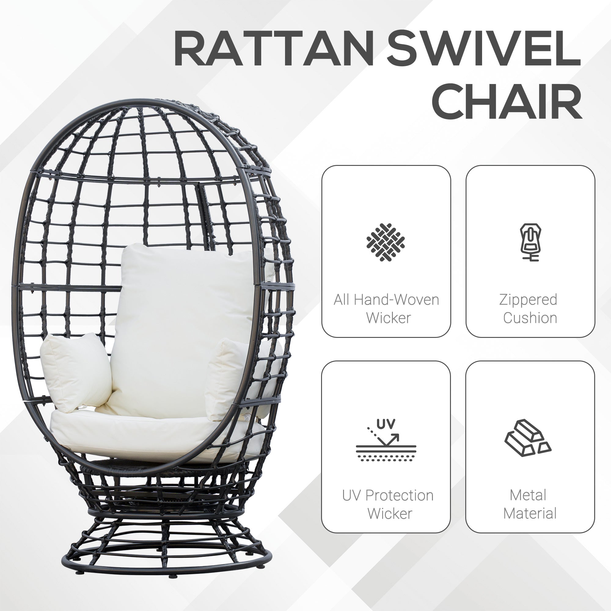 Outsunny Swivel Egg Chair, Rattan Outdoor Chair with Cushion and Pillow for Balcony, Garden, Patio, Black - North Peak Garden Furniture