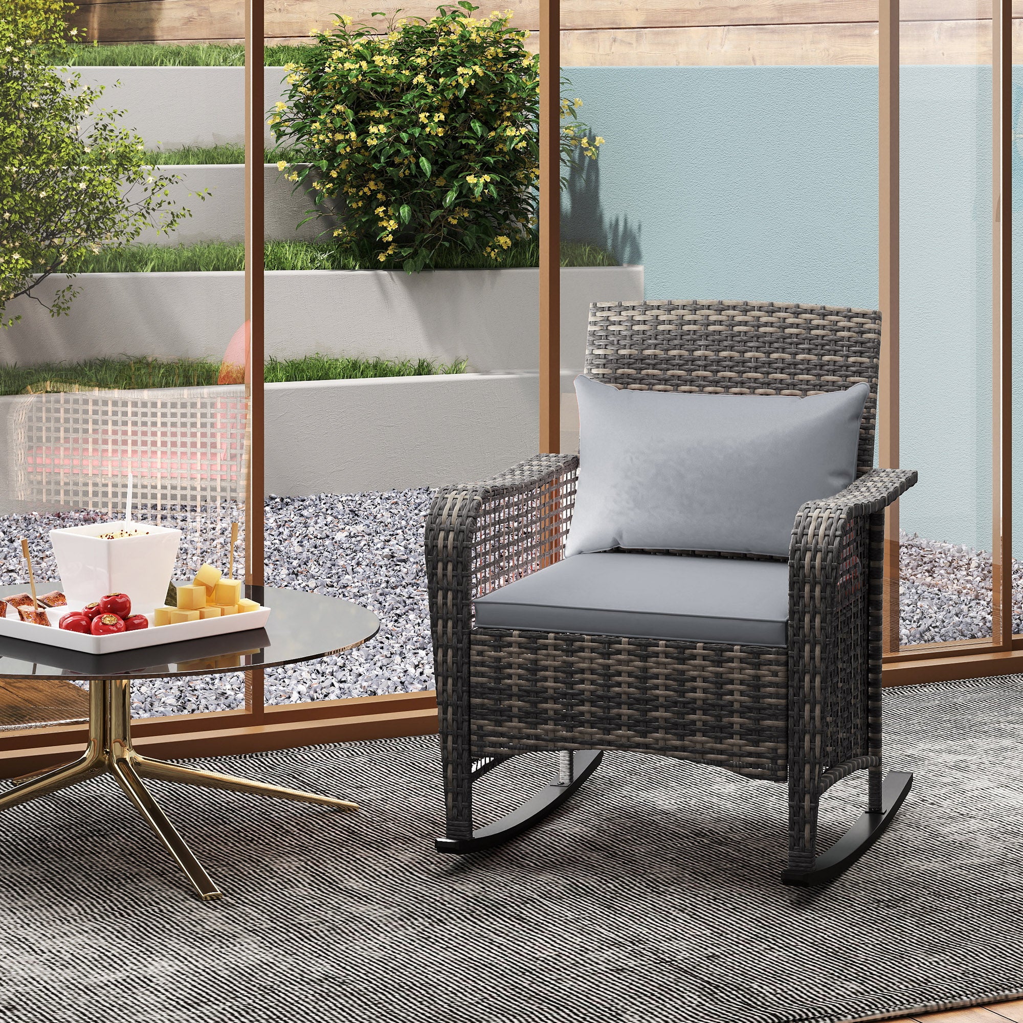 Outsunny Garden Rocking Chair, Outdoor Rattan Rocker Lounge Chair with Seat and Back Cushions, Patio Armchair Seat with All-weather Wicker, Steel Frame for Porch Balcony, Light Grey - North Peak Garden Furniture