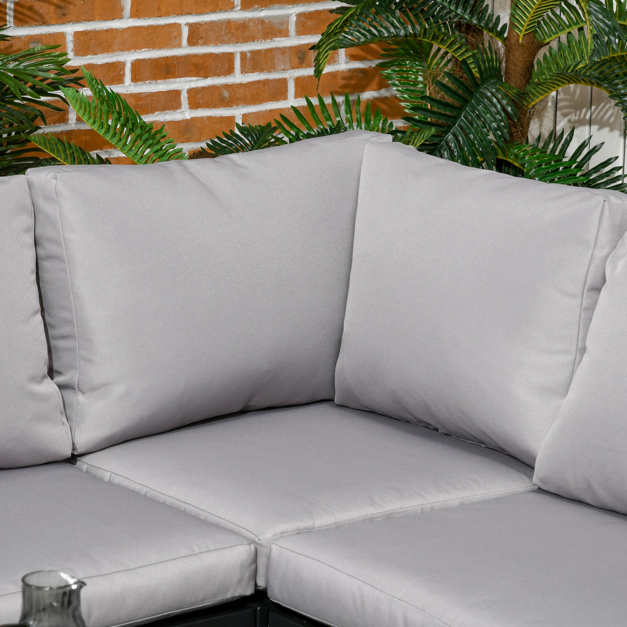 Outsunny 4 Piece Metal Garden Furniture Set with Tempered Glass Coffee Table, Breathable Mesh Pocket, Outdoor Conversational Corner Sofa Loveseat with Padded Cushions, Light Grey - North Peak Garden Furniture