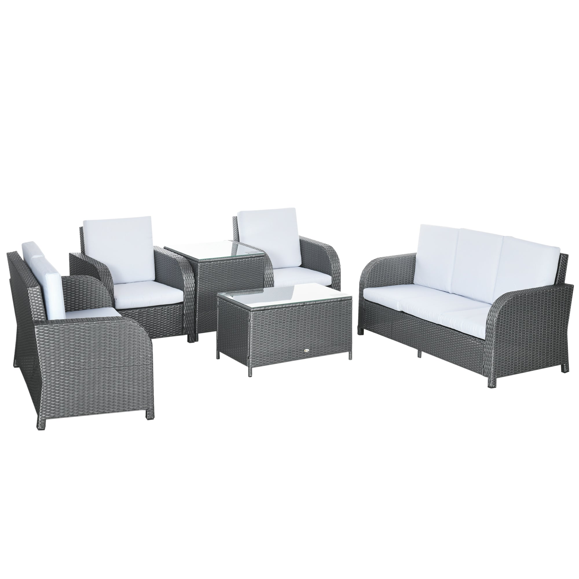 Outsunny 7 Seater Outdoor Rattan Garden Furniture Sets with Wicker Sofa, Reclining Armchair and Glass Table, 181x75x81cm, Grey