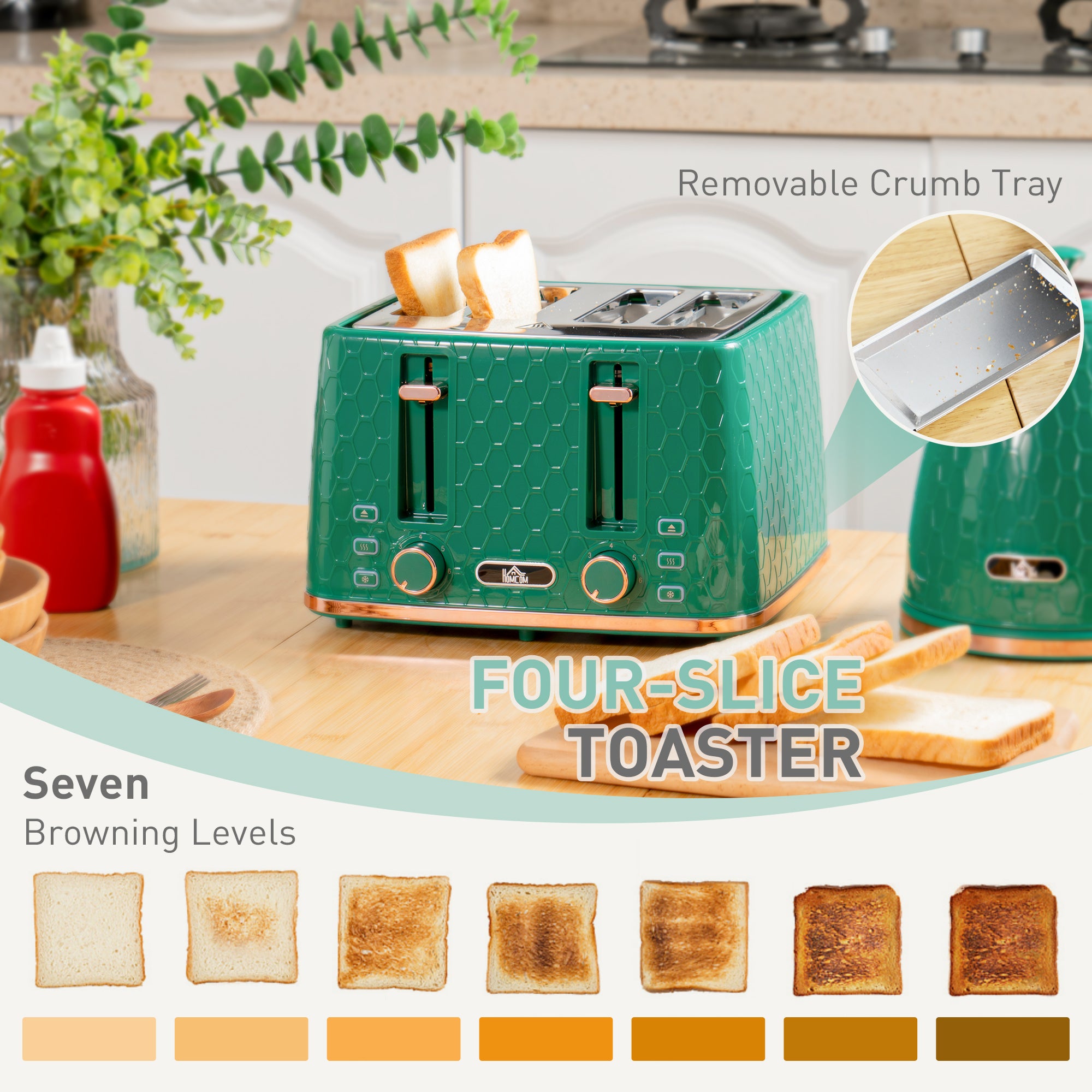 HOMCOM Kettle and Toaster Set, 1.7L 3000W Fast Boil Jug Kettle with Auto Shut Off, 4 Slice Toaster with 7 Level Browning Controls & Crumb Tray, Green - North Peak Garden Furniture