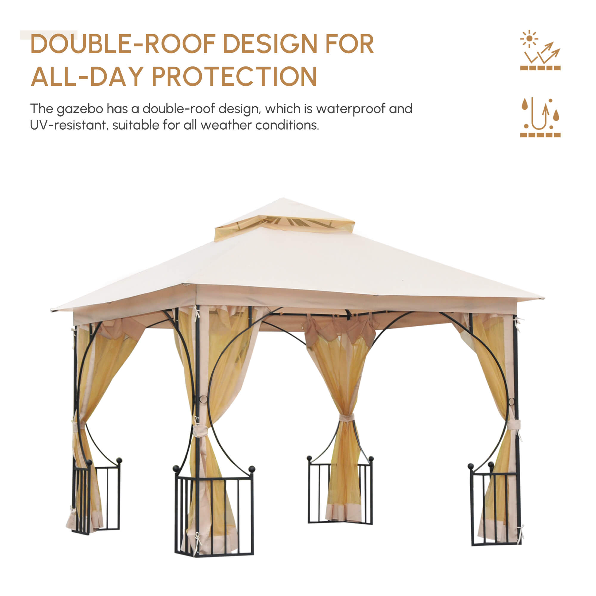 Outsunny 3 x 3(m) Garden Gazebo Patio Party Tent Shelter Outdoor Canopy Double Tier Sun Shade Metal Frame Netting Beige - North Peak Garden Furniture