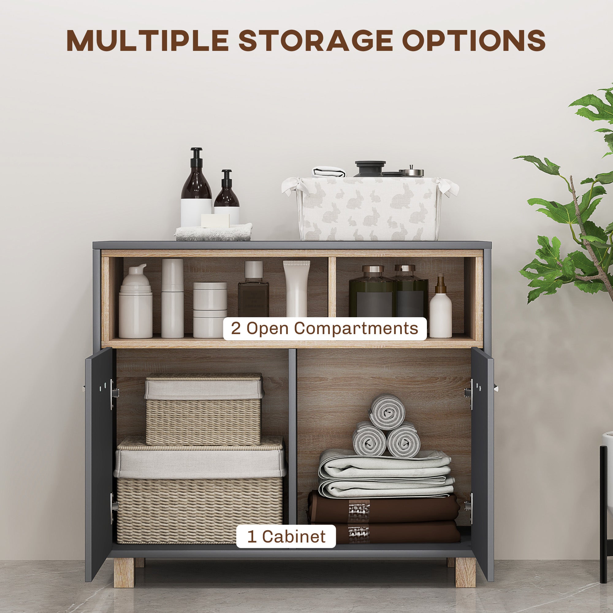 HOMCOM Freestanding Bathroom Cabinet, Bathroom Storage Unit, Bathroom Storage Cabinet with Open Compartments and Double Doors - North Peak Garden Furniture