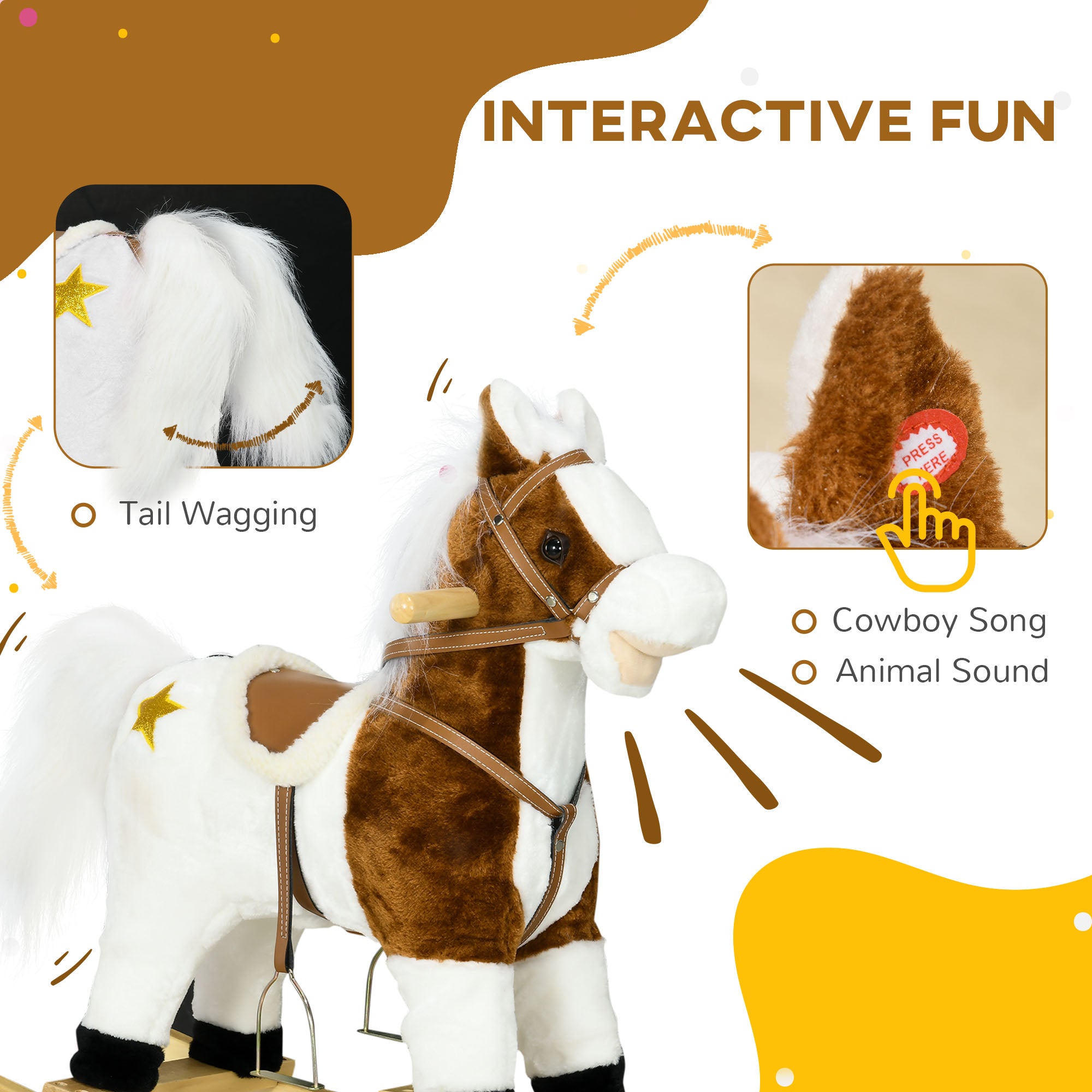 HOMCOM Rocking Horse, Ride-On Horse, with Music, Sounds, Saddle, for Ages 3-6 Years - Brown - North Peak Garden Furniture