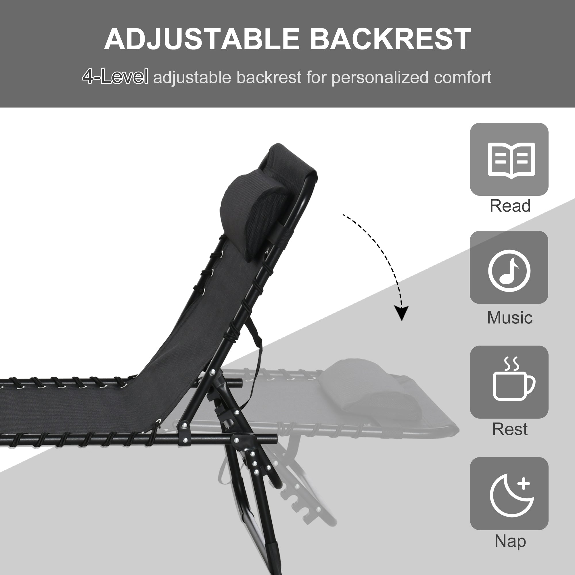 Outsunny Foldable Sun Lounger, Outdoor 4 Level Adjustable Backrest Reclining Chaise Chair, Steel Frame Recliner Chair for Camping, Hiking, Black - North Peak Garden Furniture