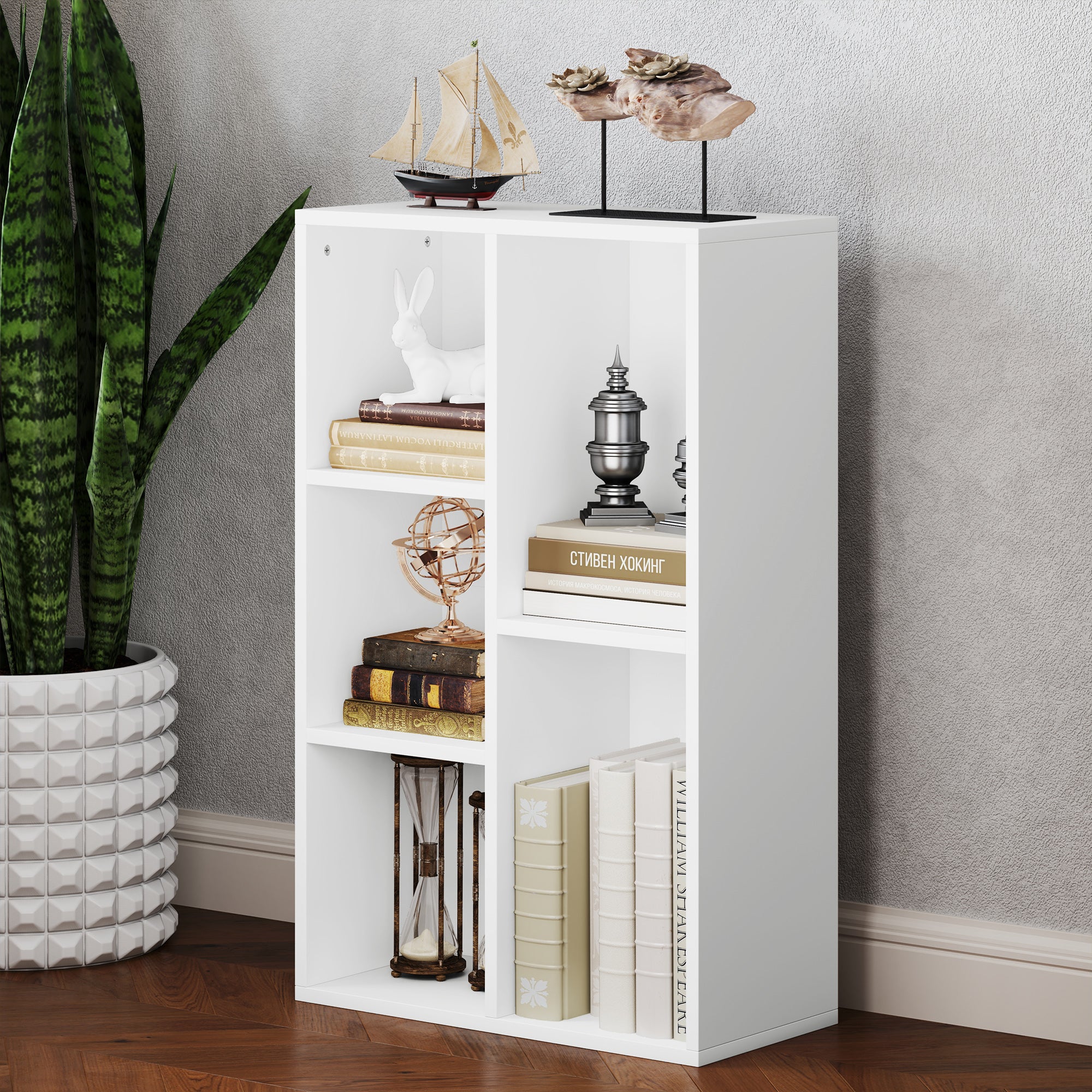 HOMCOM 2-Tier Bookshelf with 5 Compartments - White - North Peak Garden Furniture