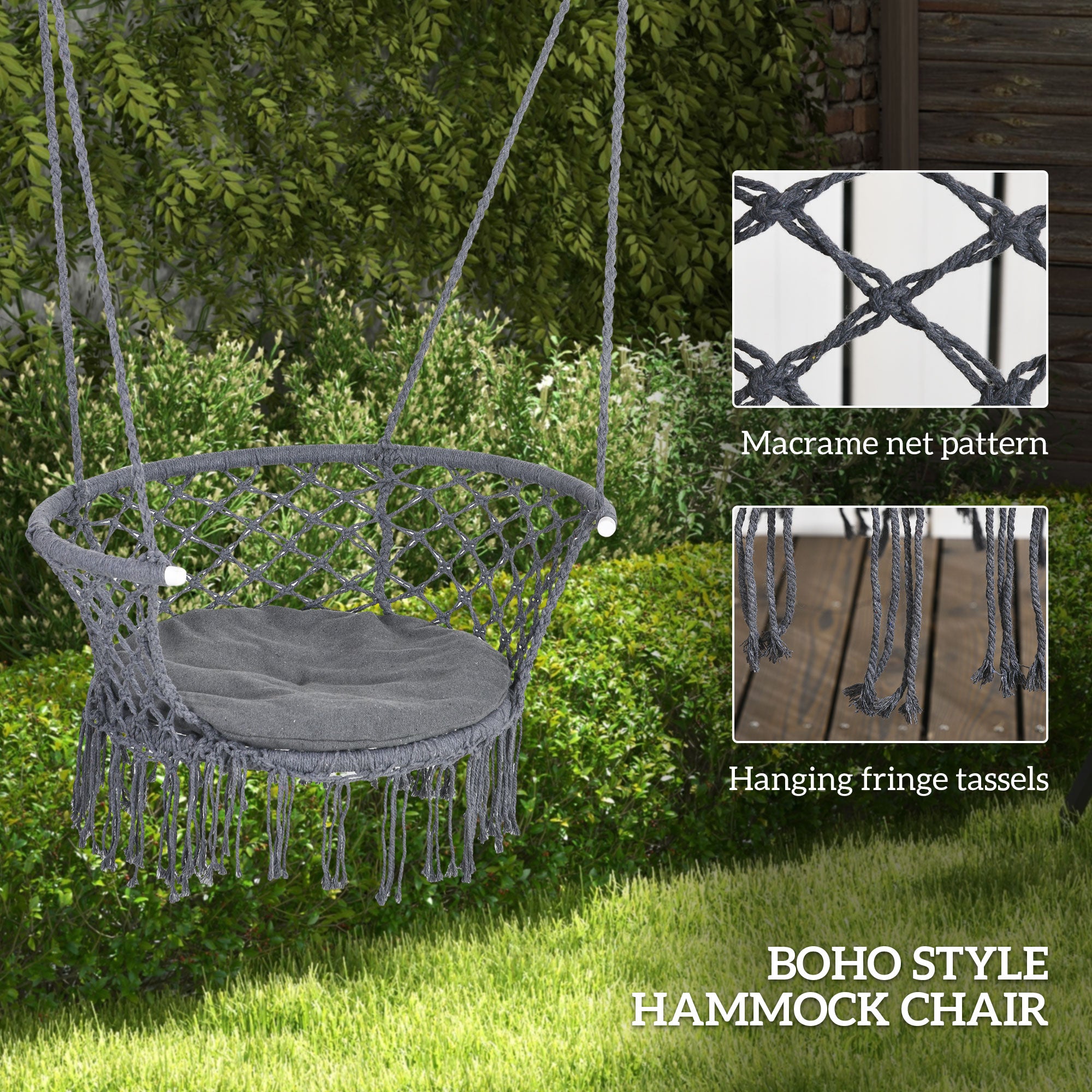 Outsunny Outdoor Hanging Rope Chair with Cotton Rope, Cotton-Polyester Blend Macrame Garden Hammock Chair with Seat Cushion, Support Backrest, for Patio, Garden, Porch, Dark Grey - North Peak Garden Furniture