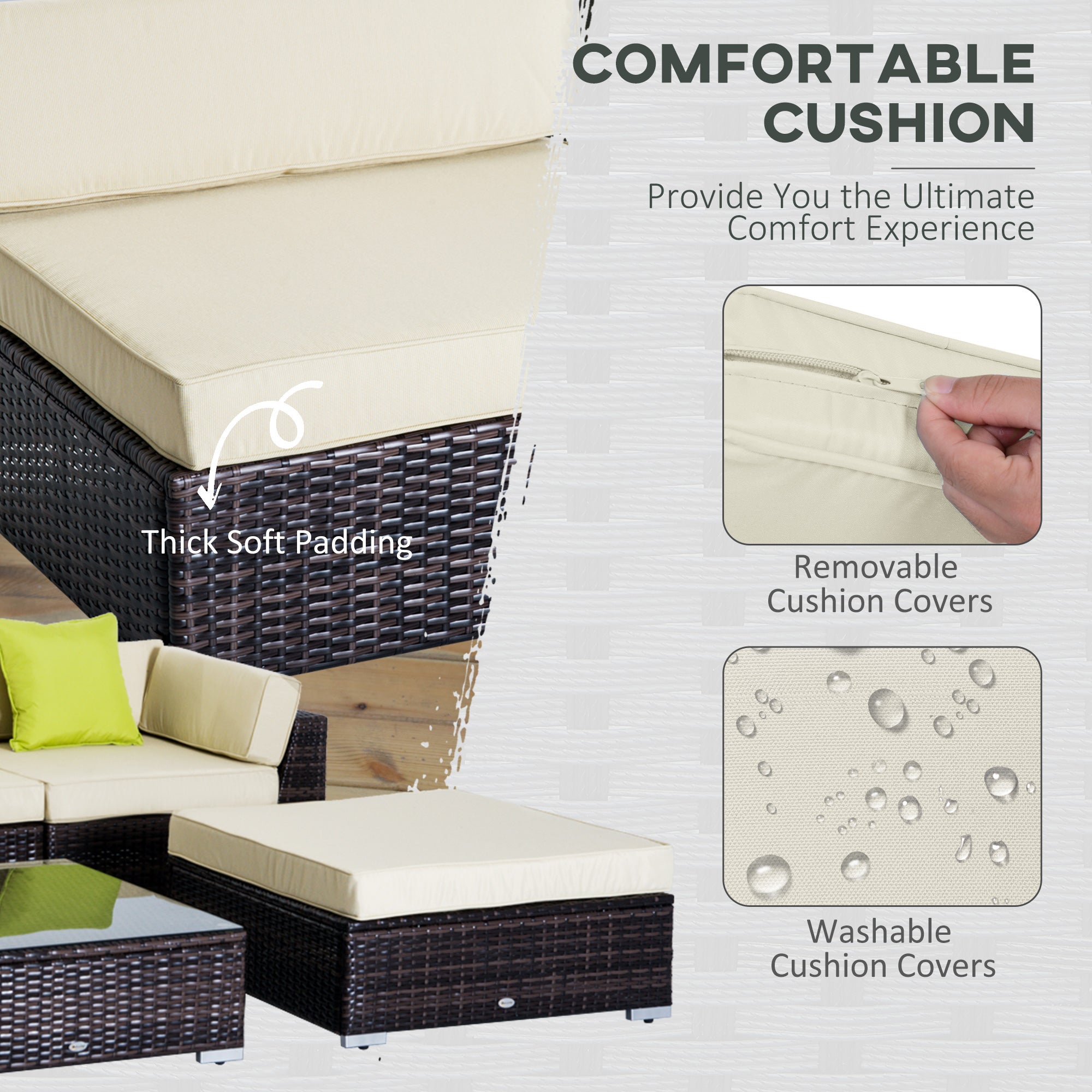 Outsunny 6 PC Rattan Sofa Coffee Table Set Sectional Wicker Weave Furniture for Garden Outdoor Conservatory w/ Pillow Cushion Brown - North Peak Garden Furniture