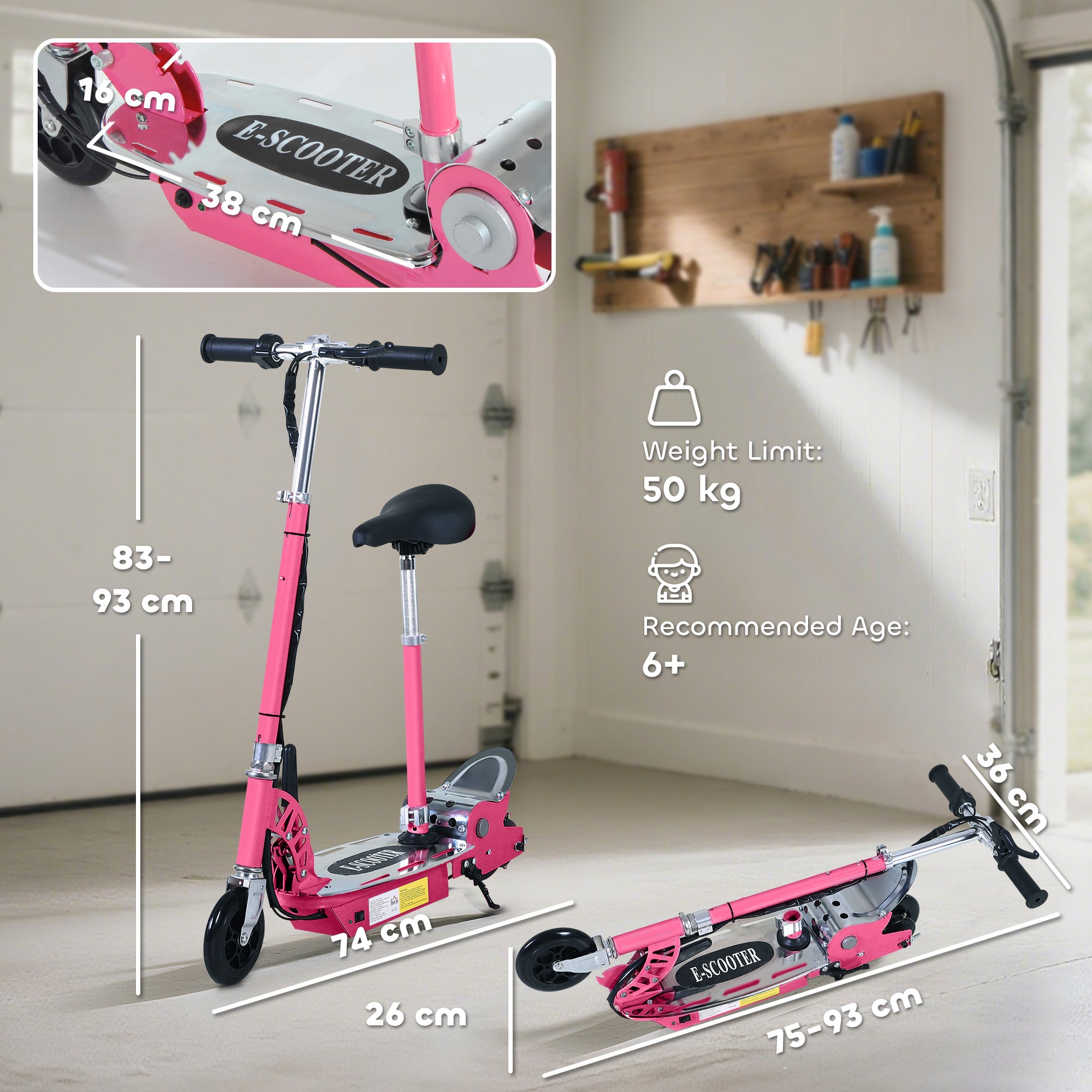HOMCOM 120W Foldable Powered Scooters with 24V Rechargeable Battery, Adjustable Ride on Toy (Pink)
