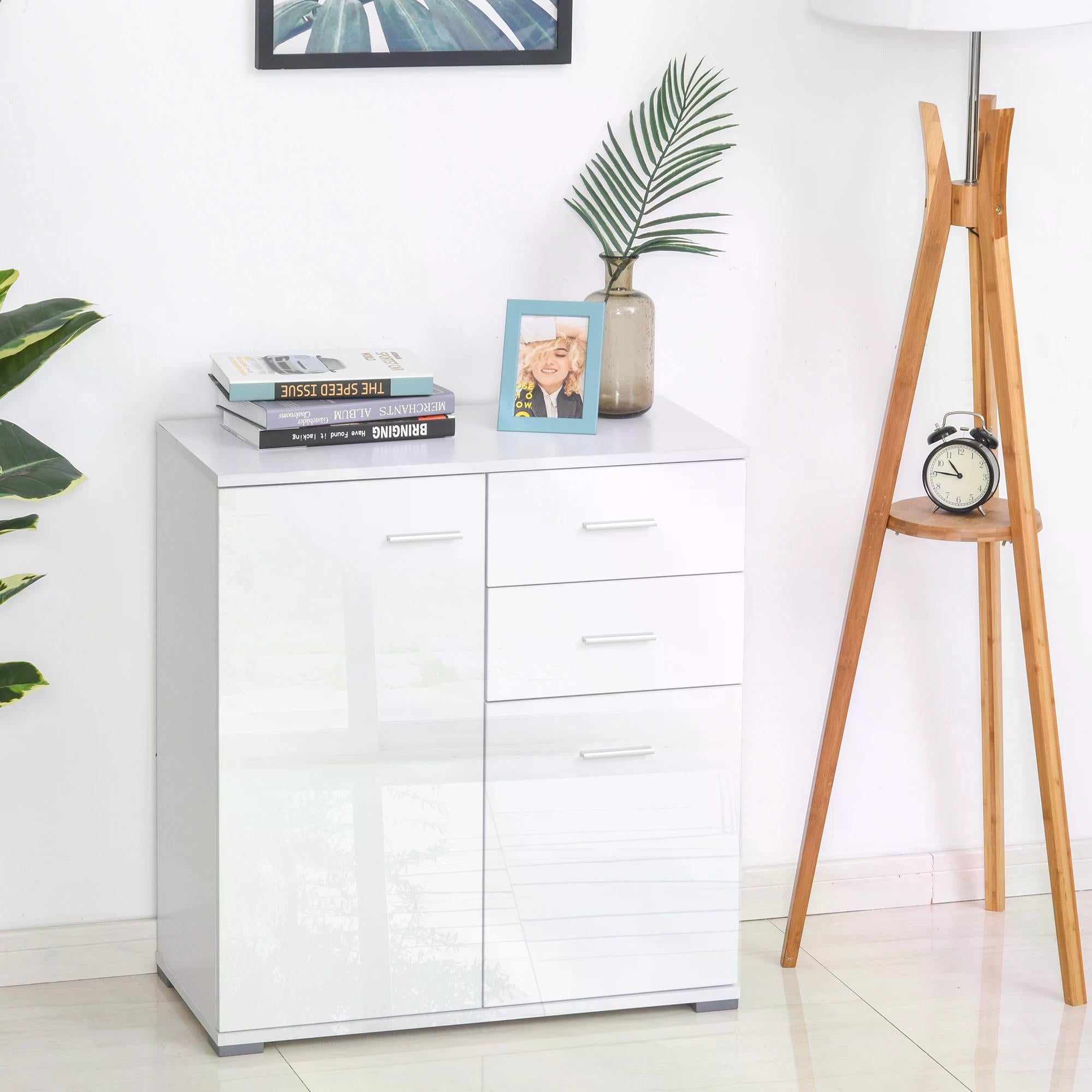 HOMCOM High Gloss Side Cabinet, Modern Design, 71x35x76 cm, Ample Storage Space, White