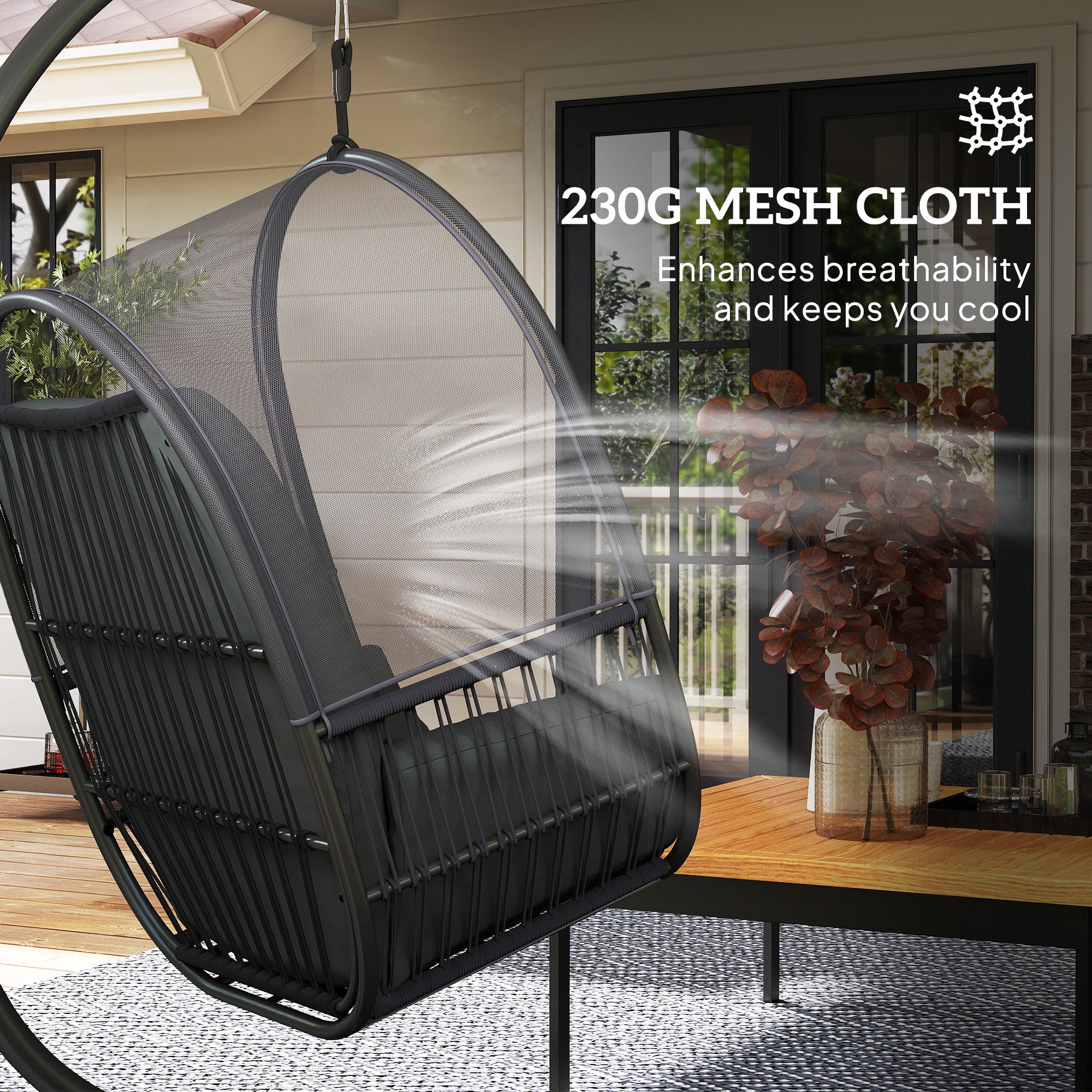 Outsunny Hanging Egg Chair Outdoor Indoor, Swing Hammock Chair with Stand, Cushions, Lumbar Pillow, Adjustable Height and Steel Frame for Garden Patio Lounge Porch, Dark Grey - North Peak Garden Furniture