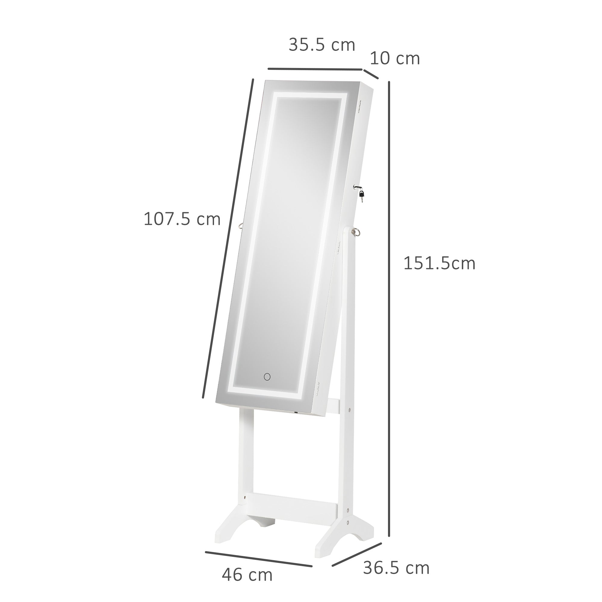HOMCOM Jewellery Cabinet with LED Light, Lockable Jewellery Organiser with Full-Length Mirror for Bedroom Dressing Room, White - North Peak Garden Furniture