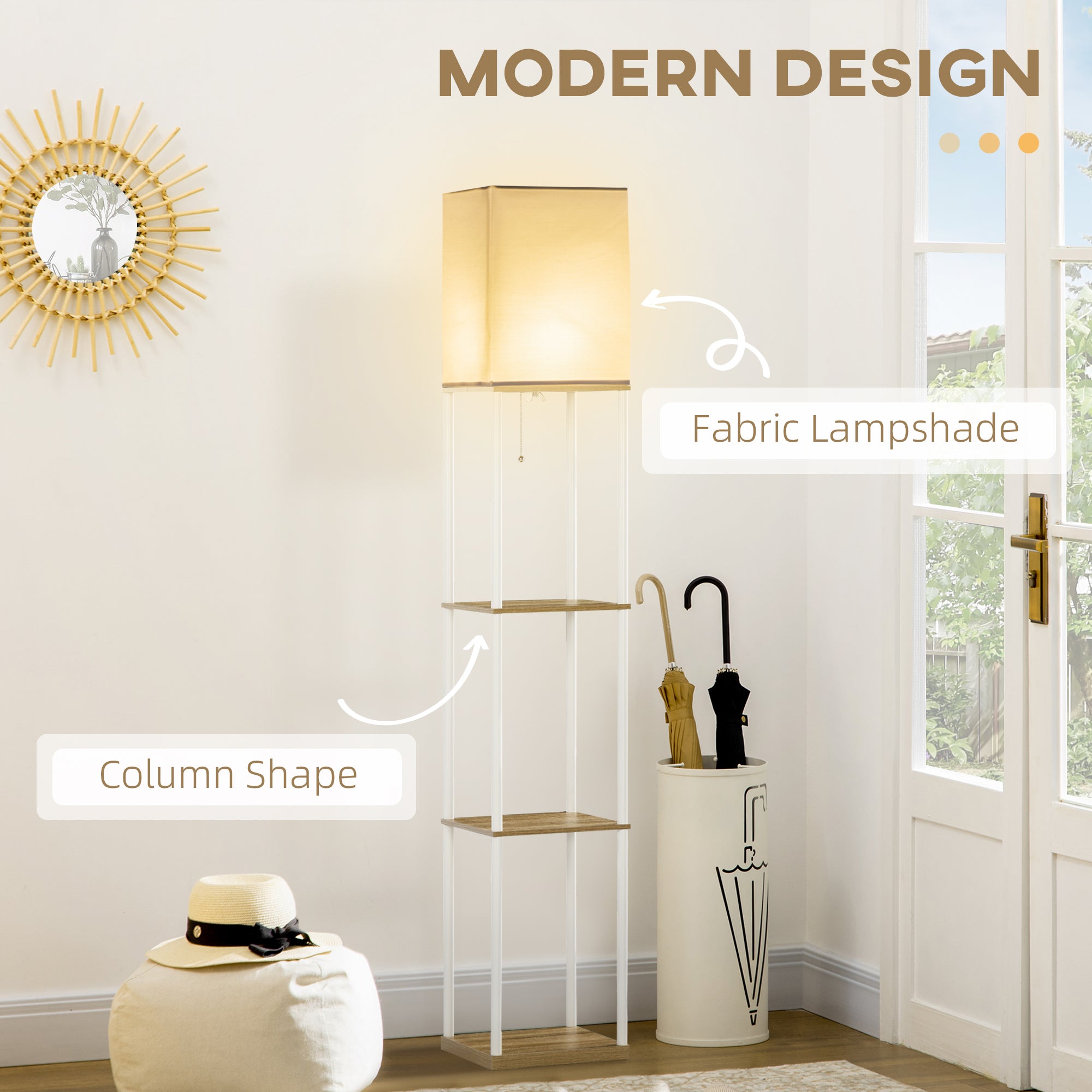 HOMCOM Modern Floor Lamp with Shelves, 3 Layer Shelf Tall Standing Lamp with Fabric Lampshade, Pull Chain Switch for Living Room, Bedroom, Bulb not Included, White - North Peak Garden Furniture