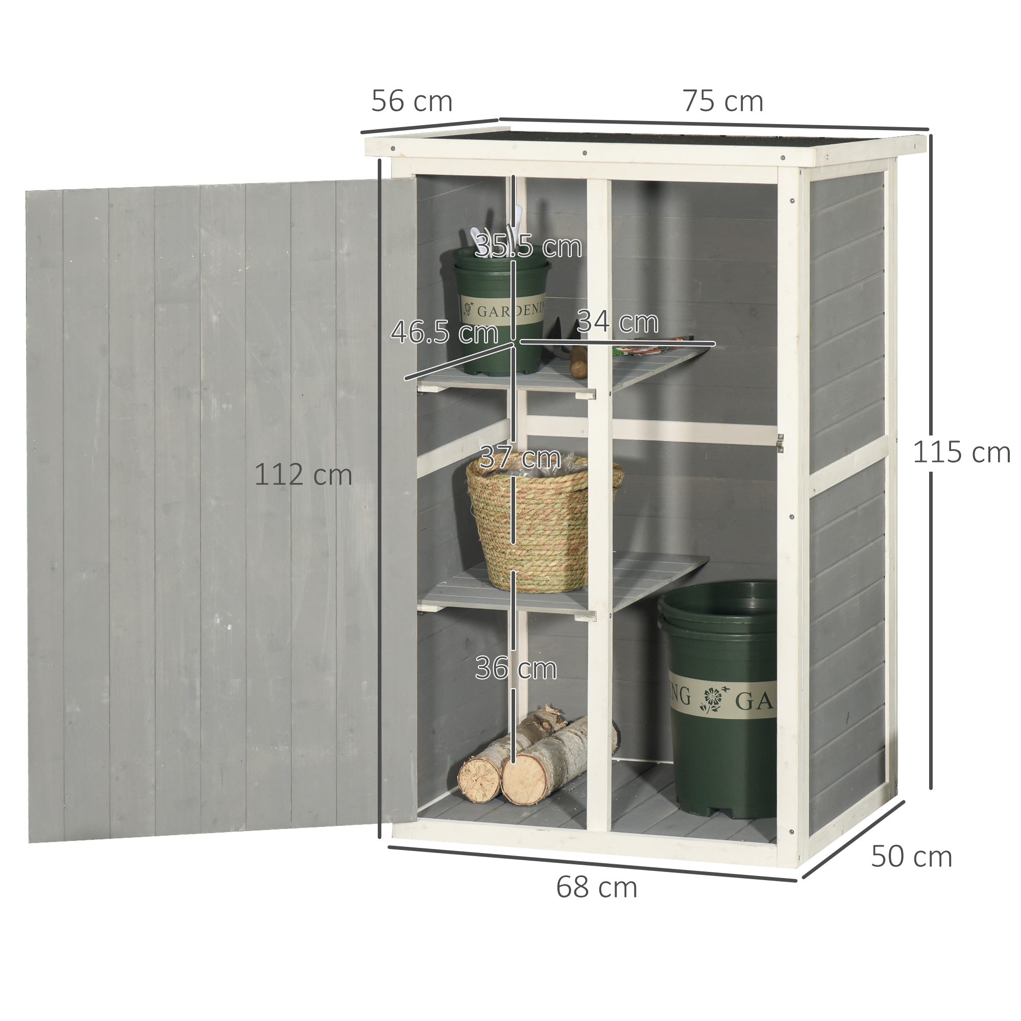 Outsunny Garden Shed Wooden Garden Storage Shed Fir Wood Tool Cabinet Organiser with Shelves 75L x 56W x115Hcm Grey