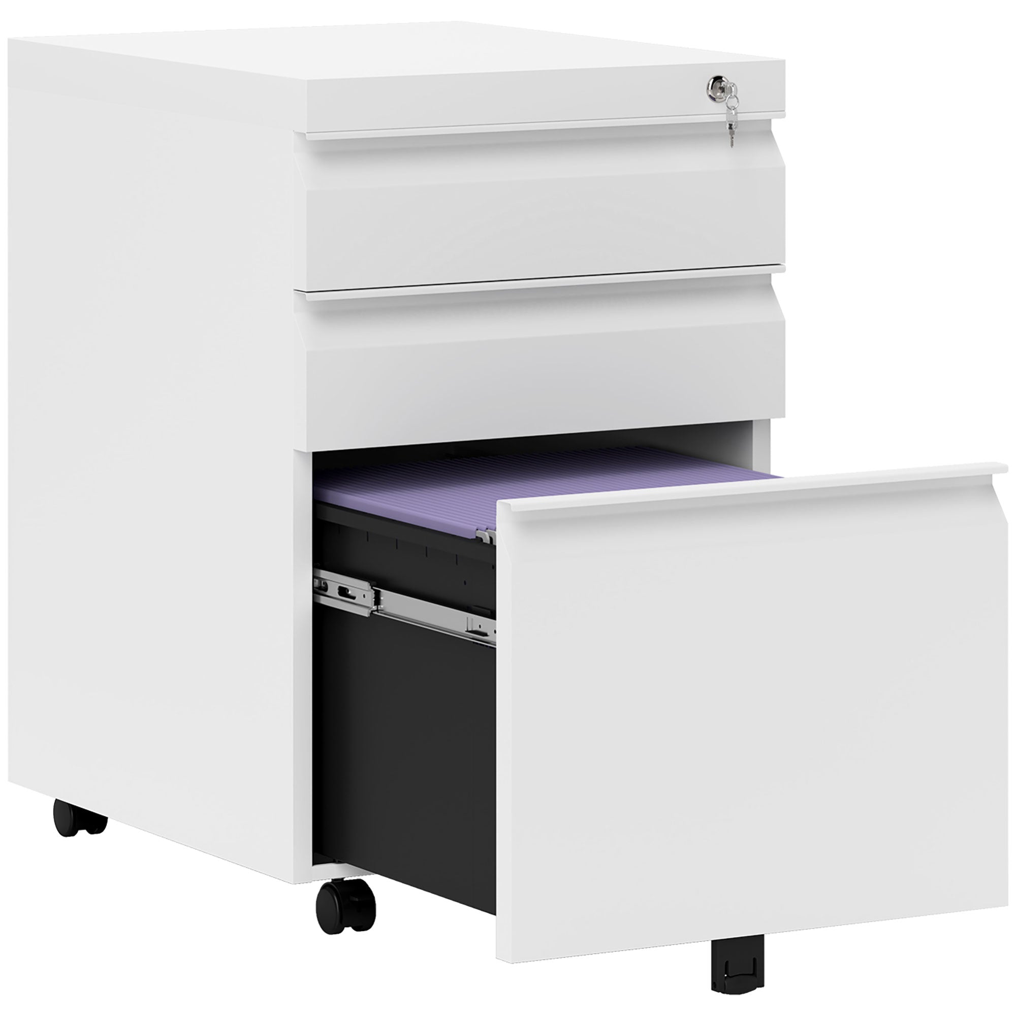 Vinsetto 3 Drawer Filling Cabinet, Mobile Metal File Cabinet with Anti-tilt Design for Letter, A4, Legal Size, White - North Peak Garden Furniture