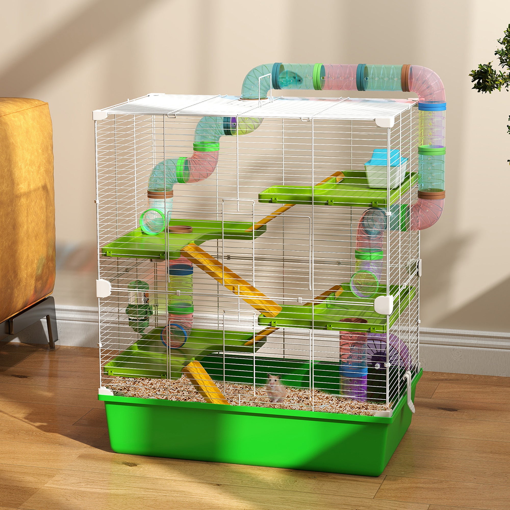 PawHut Hamster Cage w/ Water Bottle, Exercise Wheel, Tubes, Ramps - Green - North Peak Garden Furniture